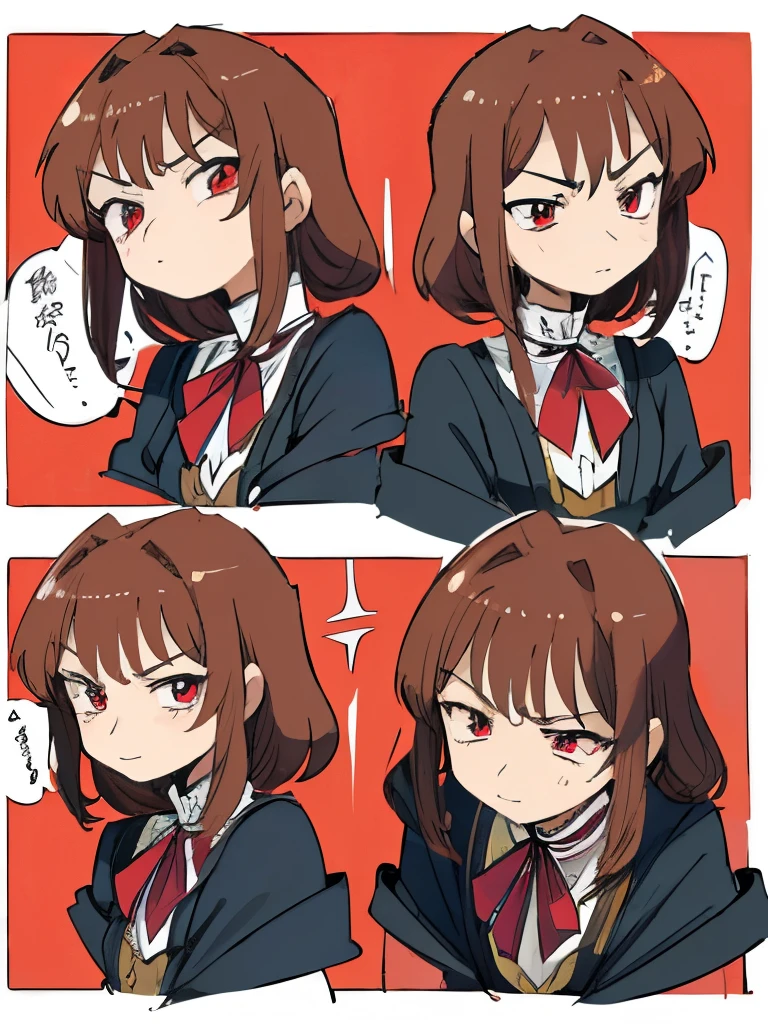 (best quality,4k,8k, high res,masterpiece:1.2), ((masterpiece)), (((best quality))), (({stern dominant aura}))

(((multiple expressions, multiple views, comic, Koma, border, chibi, simple background, chibi, simple background))) ((mad, sulking, staring, smirking, mischievous, laughing, creepy angry staring))

((masterpiece)), (((best quality))), dark wine-red aesthetic, hot vampire-like woman, attractive woman, classy, elegant, short fluffy yet sharp hair, sharp almond eyes, dark brown hair, kitsune-like personality, vampire-like personality, red eyes,(mischievous and mysterious being), hairstyle fax, classy and elegant pose, classy clothes, red and black clothes, mysterious vintage theme, little key necklace, tall, very attractive aura, soft smirk, gothic style, 