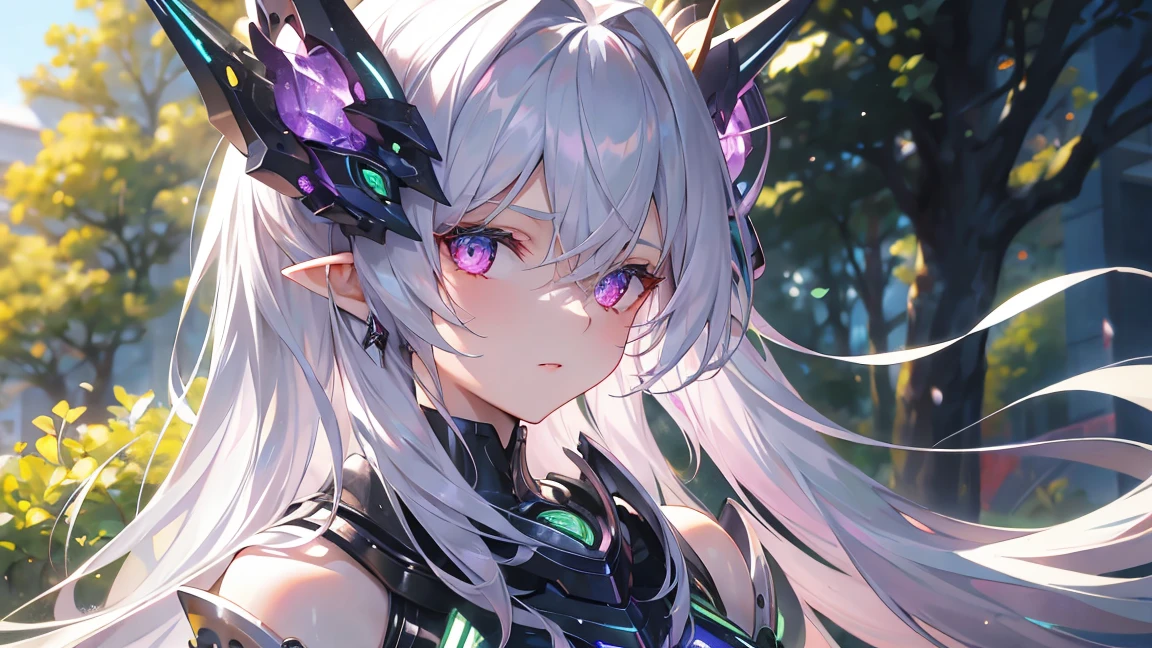 ((Silver Hair)), Very detailed顔と目, Very long hair, jewelry, Purple Hair Band, Long pointy ears, anime, masterpiece, Textured skin, (Very detailed), Awards, (Highest quality), Fairy, in the forest, wood々The sunlight shines in, (Green Dress:1.4), whole body, Beautiful legs, hunting, Bow and Arrow, eyeball, tsurime, Variegated eyes, Bust Shot