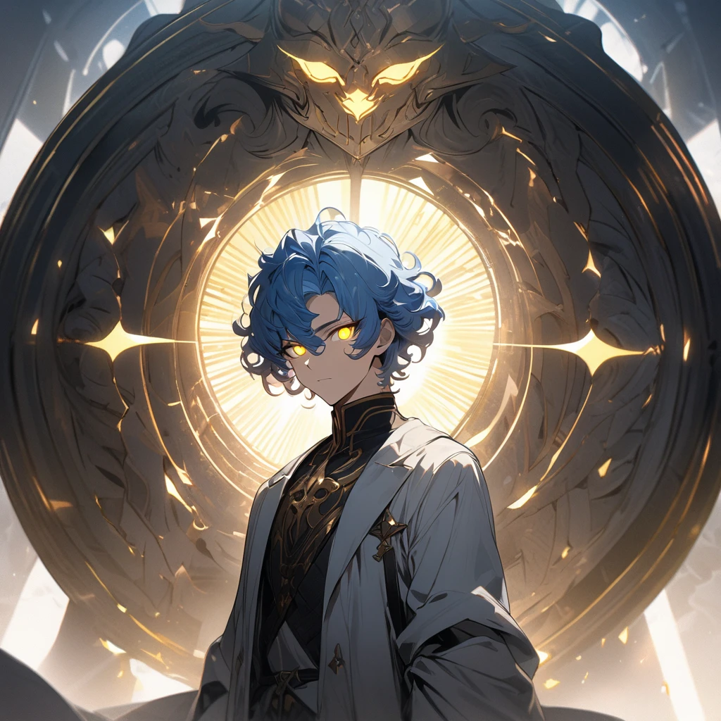 a handsome man with short blue hair, curly hair, yellow eyes, 4k, masterpiece, glowing eyes, short hair, glowing hair, god, round circle light behind him, white light