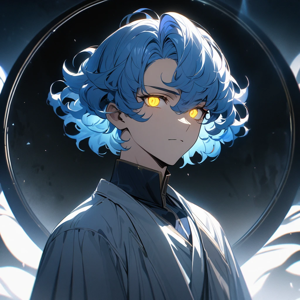 a handsome man with short blue hair, curly hair, yellow eyes, 4k, masterpiece, glowing eyes, short hair, glowing hair, god, round circle light behind him, white light