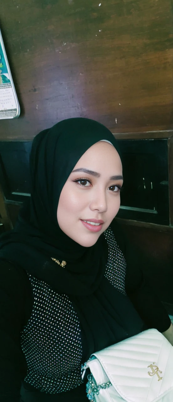 RAW, Best quality, high resolution, masterpiece: 1.3), beautiful Malay woman in hijab,Masterpiece, perfect slim fit body, Huge breast,big gorgeous eyes, Soft smile,thick thighs, a close up of a woman in a purple dress and a gold necklace, malay beauty, beautiful malay woman, draped in silky purple and gold, draped in purple and gold silk, malay princess, closeup portrait shot,, portrait shot, draped in purple, arab princess, dressed in purple, malaysian,, arab inspired , (Delicate turtleneck) , necklace, shairband, afternoon walk, City garden, Excellent lighting, Bright colors, Clean lines