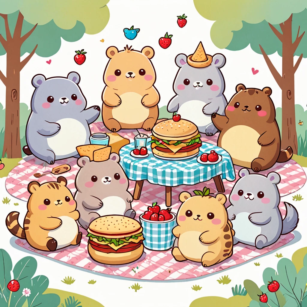 Group of cute, chubby animals having a picnic with oversized food items, kawaii style, playful and cheerful mood, soft pastel lighting. T-shirt design graphic, vector, contour, white background.