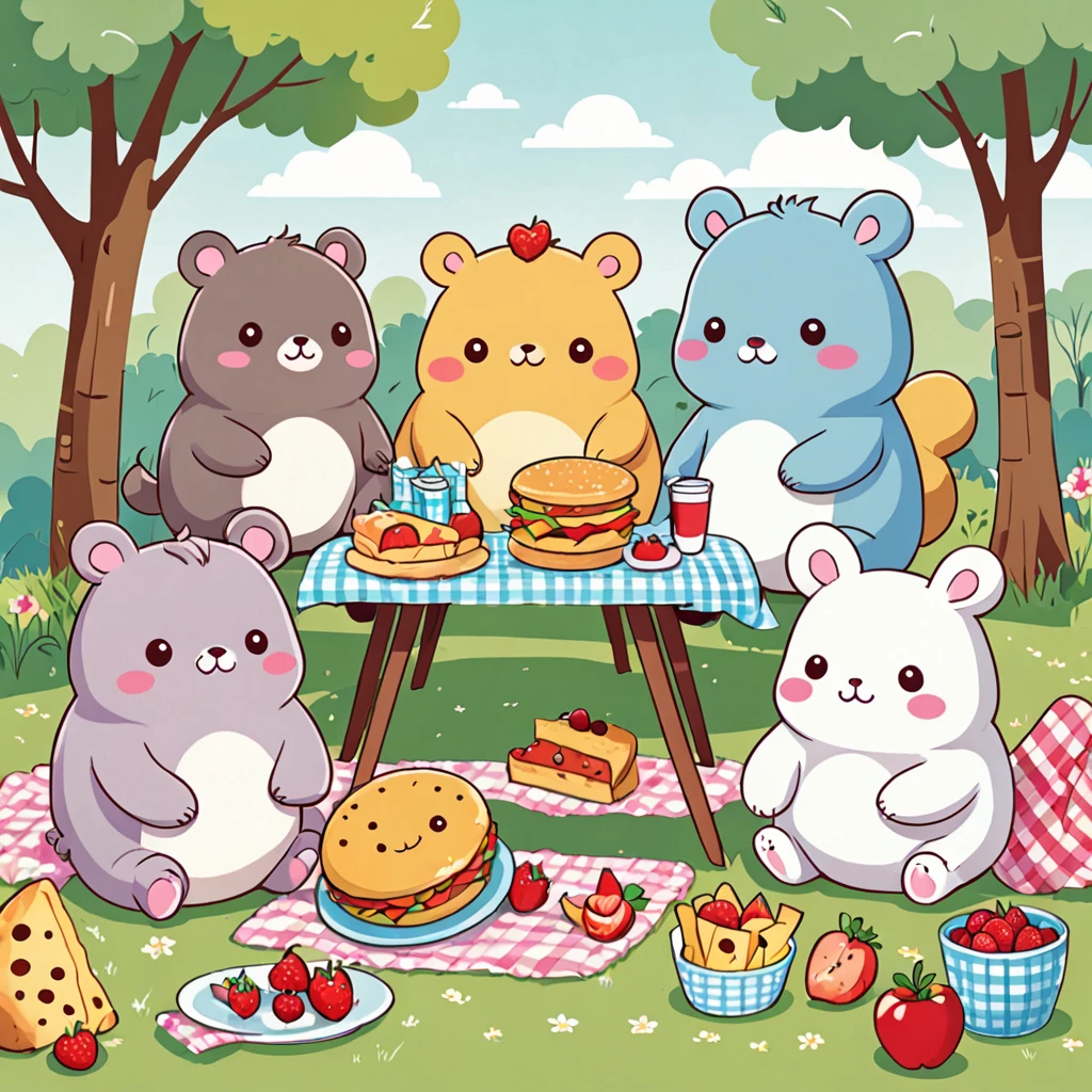 Group of cute, chubby animals having a picnic with oversized food items, kawaii style, playful and cheerful mood, soft pastel lighting. T-shirt design graphic, vector, contour, white background.