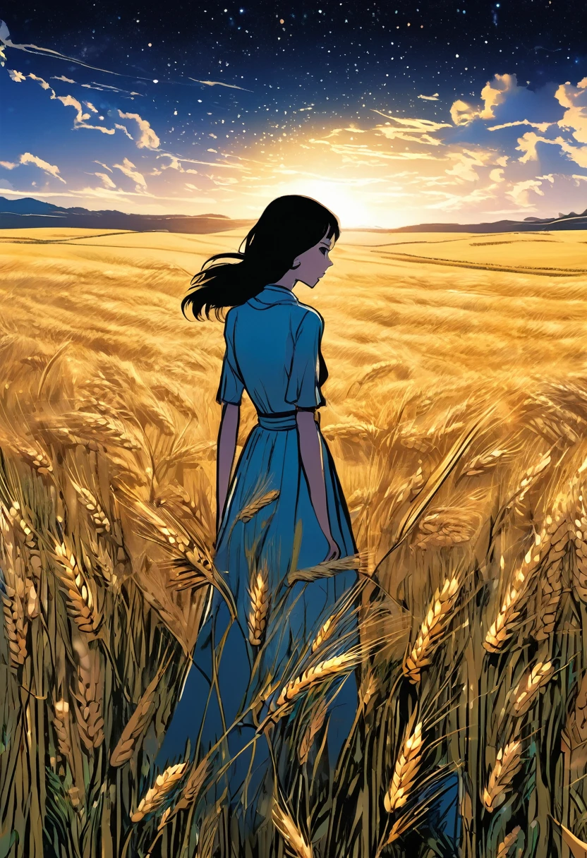 from far, with epic view, wheat meadow, at night, manga style, digital art, by Marshall Arisman, cover illustration, 70mm, 7 0 mm, 70 mm, book cover illustration, by Brigette Barrager, album cover, novel cover art for a book, art concept for a book cover, cover art, 7 feet tall,