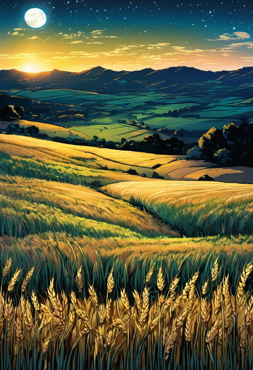 from far, with epic view, wheat meadow, at night, manga style, digital art, by Marshall Arisman, cover illustration, 70mm, 7 0 mm, 70 mm, book cover illustration, by Brigette Barrager, album cover, novel cover art for a book, art concept for a book cover, cover art, 7 feet tall,