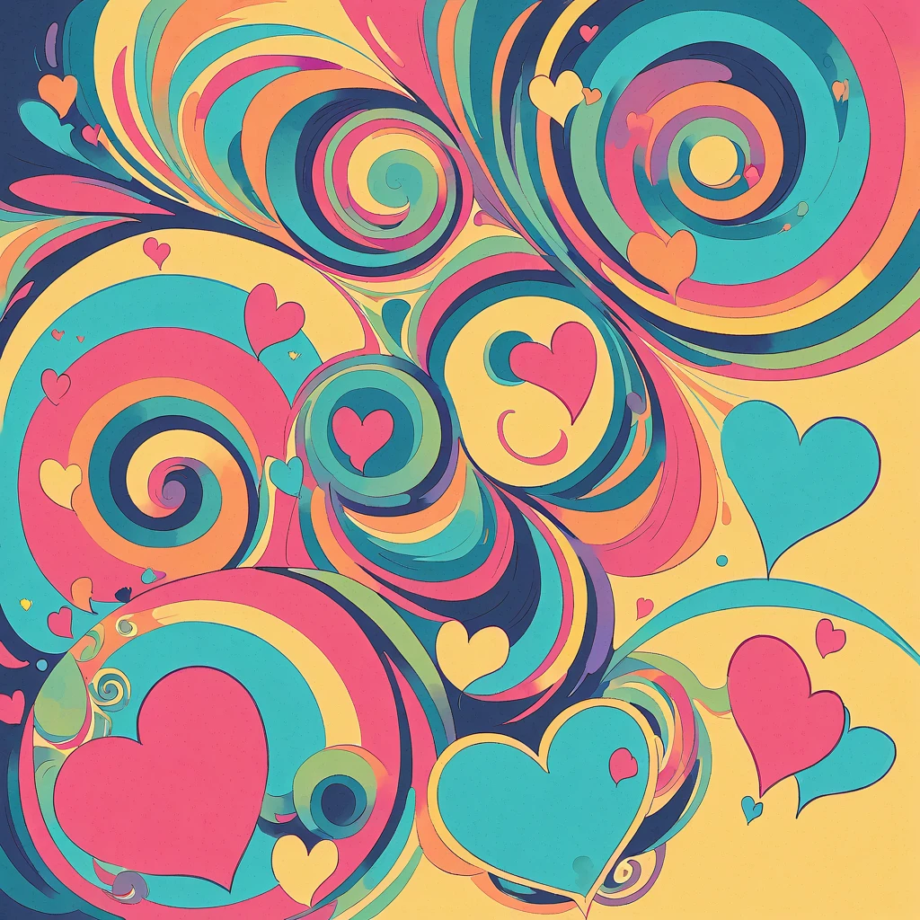 Seizo Watase style, Simple Line Initialism，Abstract art，Urban Background, colorful hearts ,No people