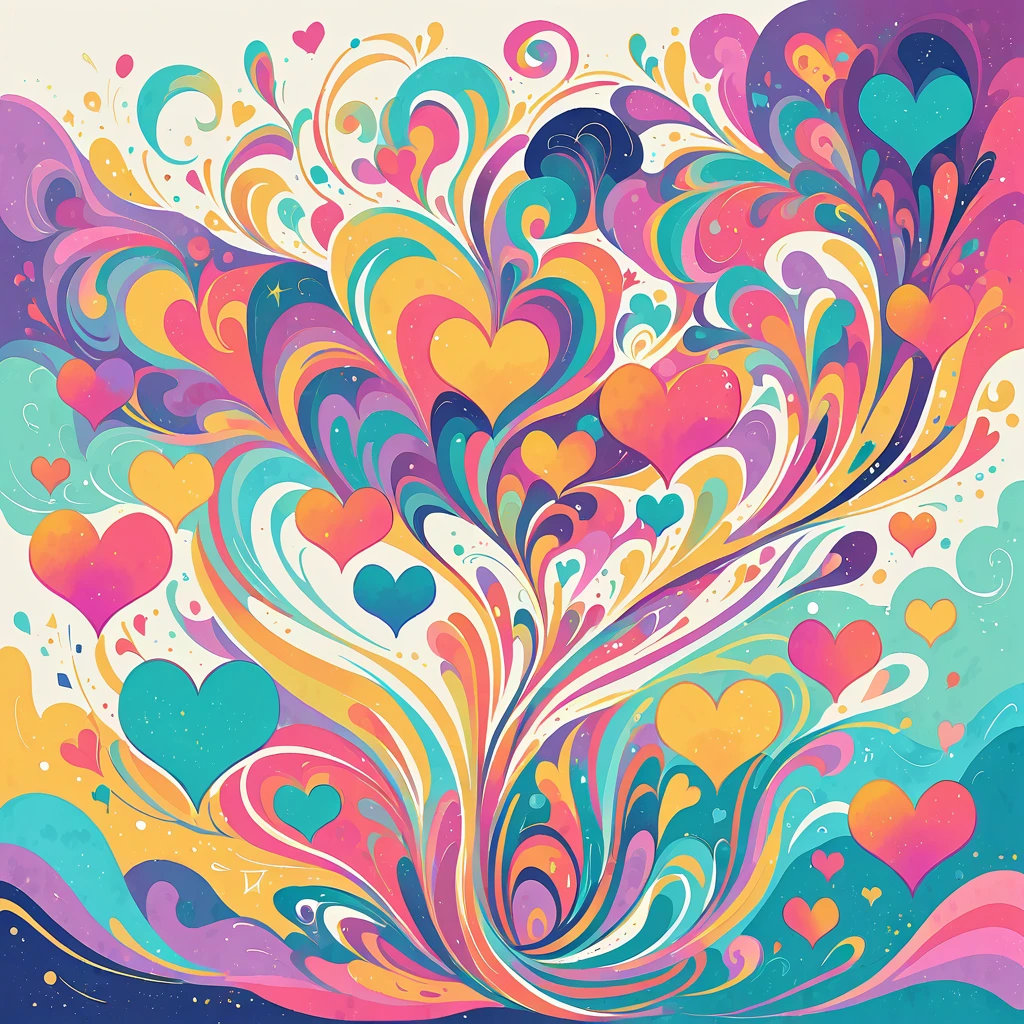 Seizo Watase style, Simple Line Initialism,Abstract art,Urban Background, colorful hearts ,No people
