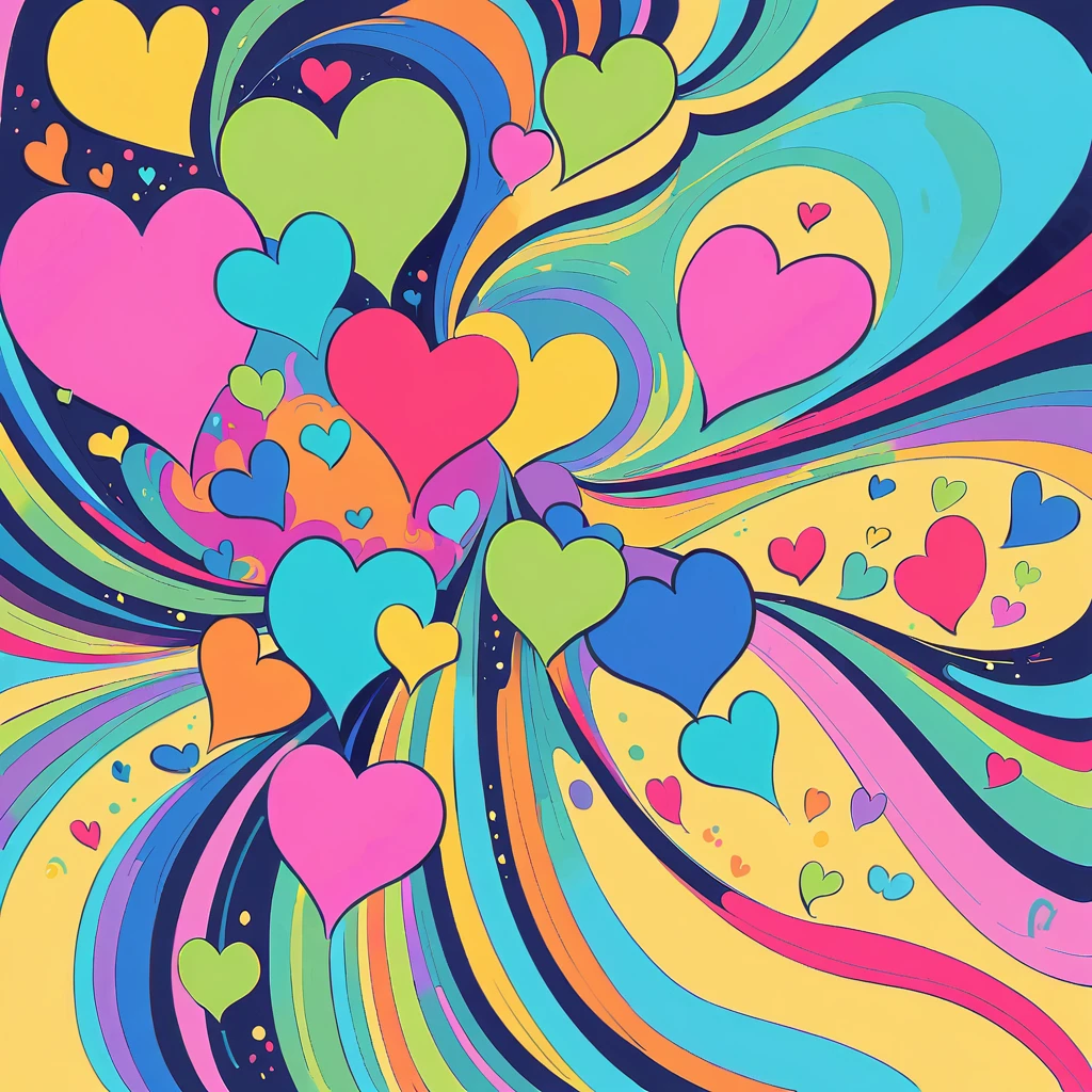 Seizo Watase style, Simple Line Initialism，Abstract art，Urban Background, colorful hearts ,No people