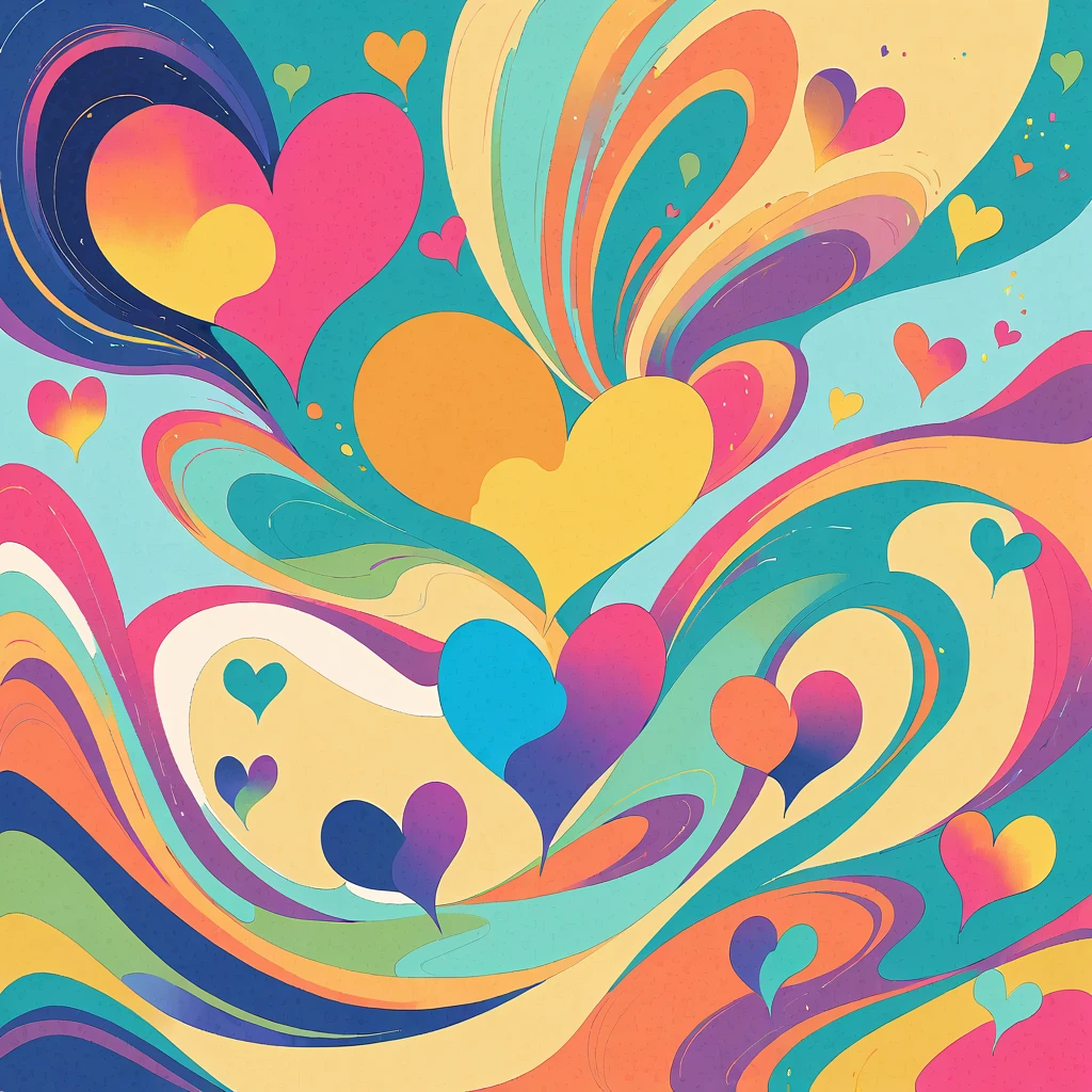 Seizo Watase style, Simple Line Initialism，Abstract art，Urban Background, colorful hearts ,No people