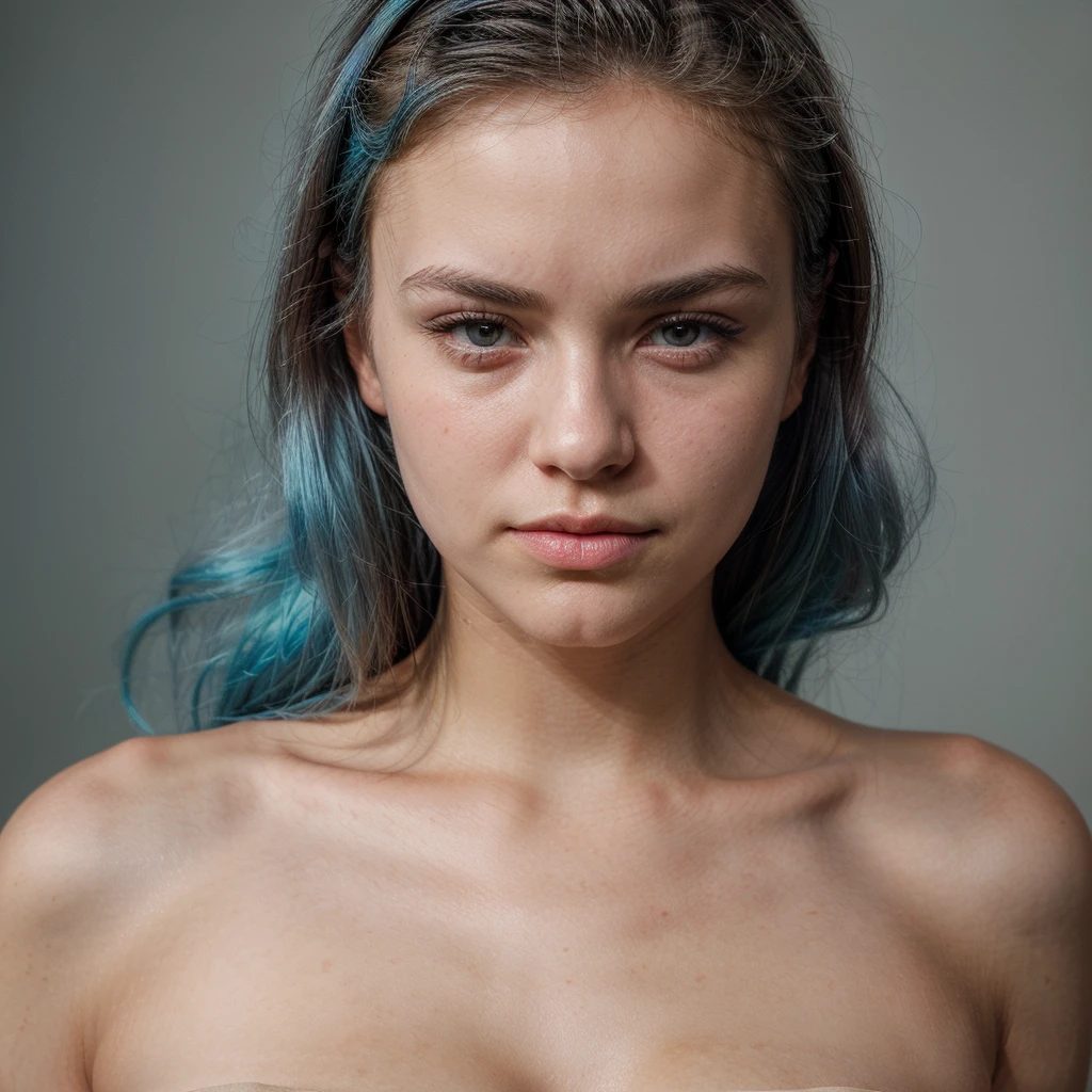 beautiful American girl, (small lips: 1.2), pointed face, sharp features, smooth chin, electric blue hair, shy look, 18 years old girl, ( focus on face, shallow focus:1.2), head and shoulders portrait, 4k, natural lighting, film grain