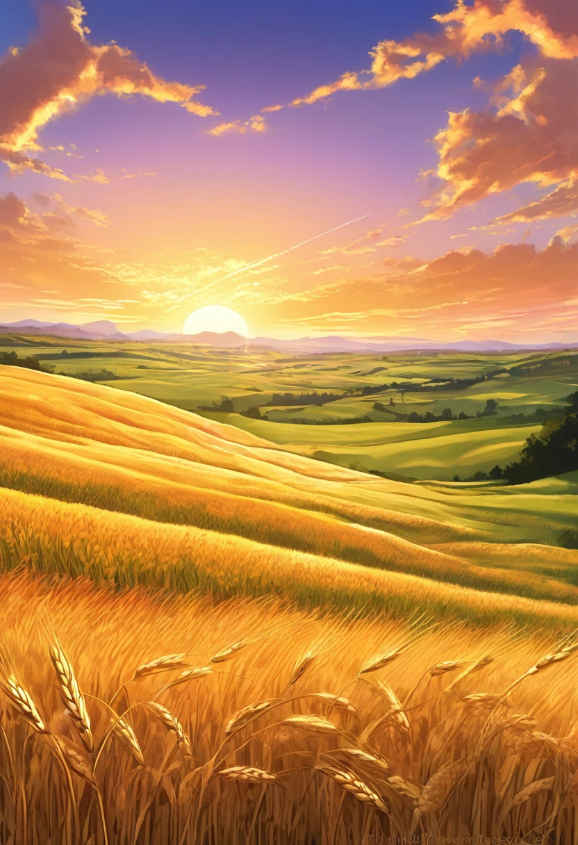 from far, with epic view, wheat meadow, at sun set, manga style, digital art, by Marshall Arisman, cover illustration, 70mm, 7 0 mm, 70 mm, book cover illustration, by Brigette Barrager, album cover, novel cover art for a book, art concept for a book cover, cover art, 7 feet tall,