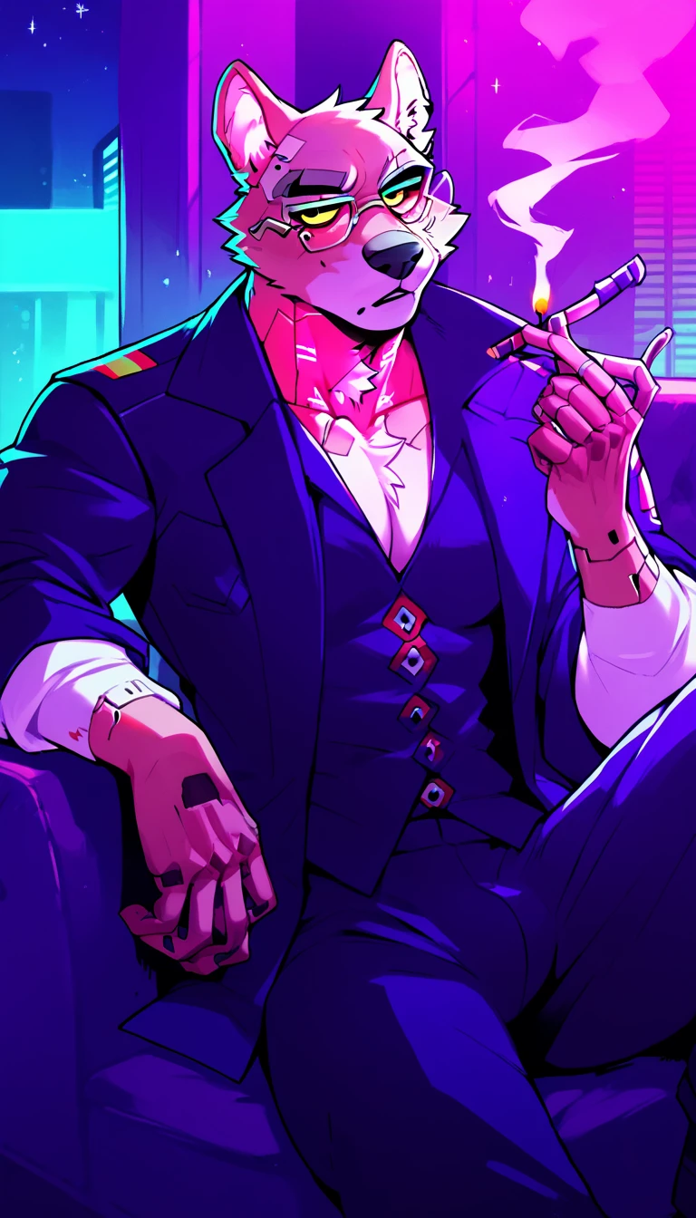 score_9, score_8_up, score_7_up, (cyberpunk city, night room, luxury apartment, security guards on background:1.5),
((mole:1.2), anthro, solo, male, sitting in an armchair, (smoking cirage:1.2), ((wearing business suit, mafia mole boss)), black mole fur, (blind, glasses), scars, bald head, beautiful, (wears cyberpunk additions, without an eyes:1.5)