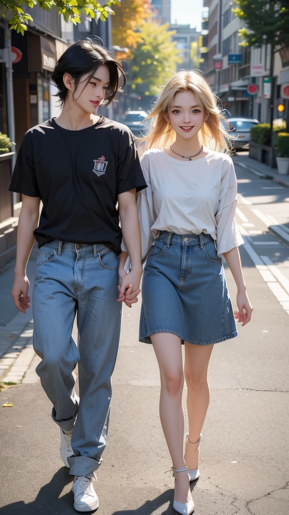 Please create an image of a stunning beauty who is half French and half Japanese. She has an exceptionally beautiful face, with striking blue eyes and long, straight blonde hair. She wears a cute dress and has a joyful smile, with the corners of her mouth turned up. The second person is a man with black hair and long bangs. He wears a T-shirt and denim. His expression is slightly bashful. The composition should depict both of them in full-body view, walking side by side. They appear to be having a conversation while walking together. Their eyes meet, and they share a happy laugh. The background is a university campus