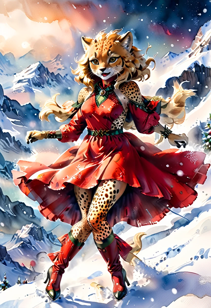 a watercolor picture of a female (cheetah anthomorph: 1.5) wearing a red evening dress, elegant, intricate detailed dress, silk dress, she wears elegant high heeled boots, exquisite high heeled boots, female cheetah anthomorph, (wild beauty: 1.3) , (ultra feminine: 1.2), ultra detailed face, fangs revealing smile, she stands on the the top of a snowy mountain, elegant cocktail party on the top of a snowy mountain background, night time, some stars the moon is rising, best details, best quality, highres, ultra wide angle, 16k, [ultra detailed], masterpiece, best quality, (extremely detailed), full body, ultra wide shot, photorealistic, ladyshado, Cinematic Hollywood Film style, traditional watercolor painting