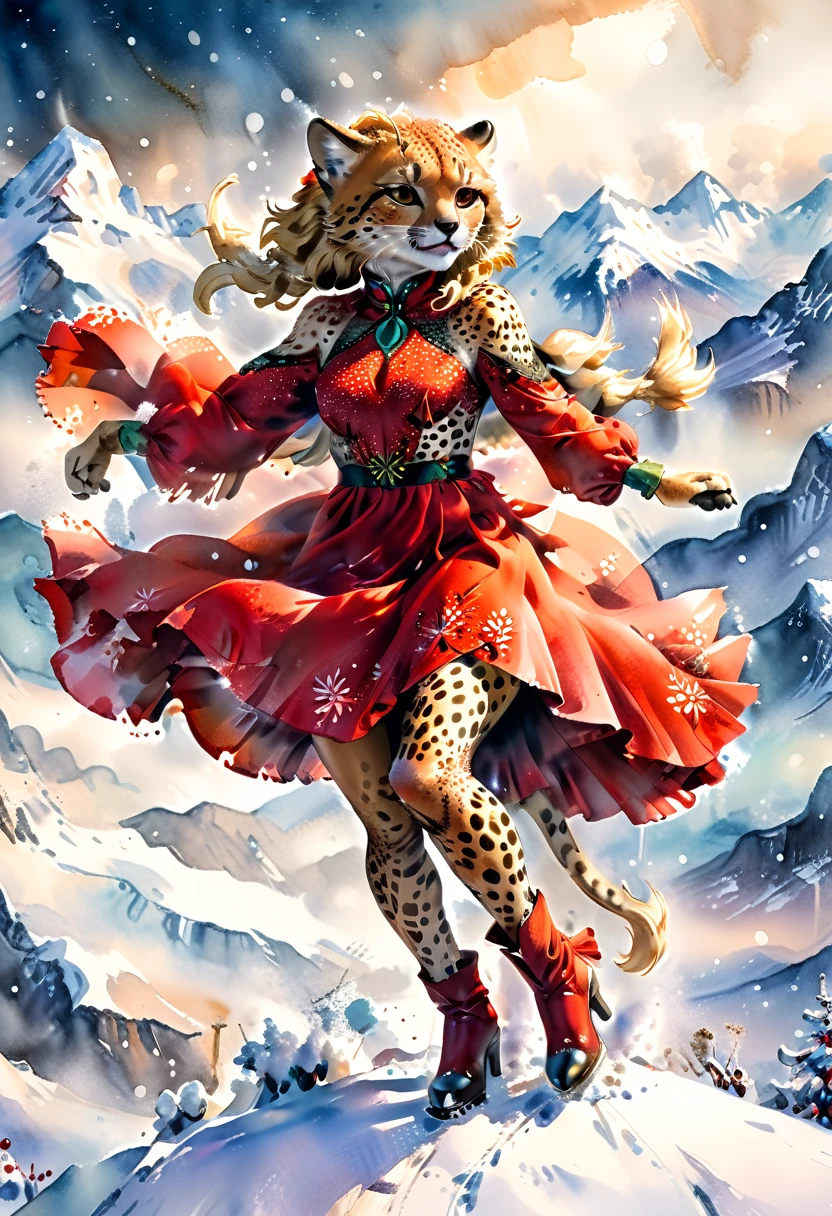 a watercolor picture of a female (cheetah anthomorph: 1.5) wearing a red evening dress, elegant, intricate detailed dress, silk dress, she wears elegant high heeled boots, exquisite high heeled boots, female cheetah anthomorph, (wild beauty: 1.3) , (ultra feminine: 1.2), ultra detailed face, fangs revealing smile, she stands on the the top of a snowy mountain, elegant cocktail party on the top of a snowy mountain background, night time, some stars the moon is rising, best details, best quality, highres, ultra wide angle, 16k, [ultra detailed], masterpiece, best quality, (extremely detailed), full body, ultra wide shot, photorealistic, ladyshado, Cinematic Hollywood Film style, traditional watercolor painting