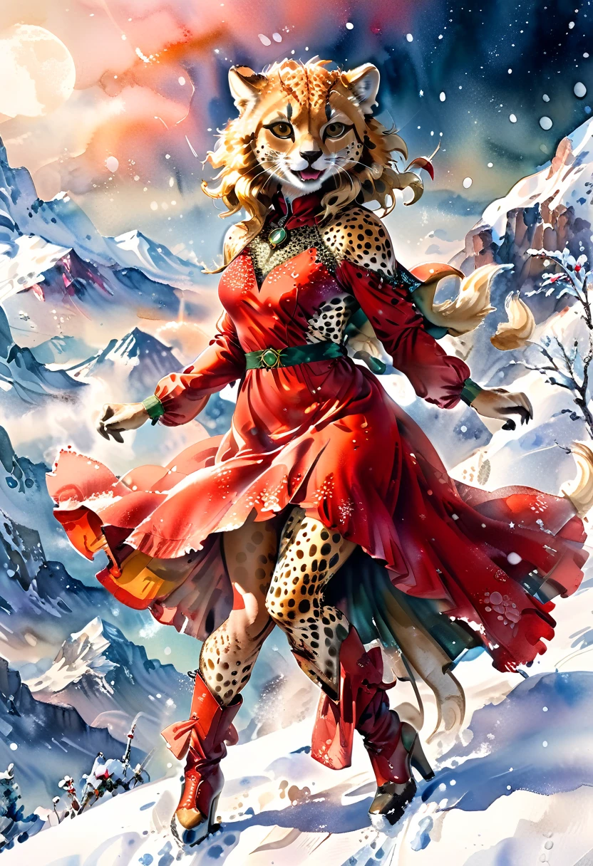 a watercolor picture of a female (cheetah anthomorph: 1.5) wearing a red evening dress, elegant, intricate detailed dress, silk dress, she wears elegant high heeled boots, exquisite high heeled boots, female cheetah anthomorph, (wild beauty: 1.3) , (ultra feminine: 1.2), ultra detailed face, fangs revealing smile, she stands on the the top of a snowy mountain, elegant cocktail party on the top of a snowy mountain background, night time, some stars the moon is rising, best details, best quality, highres, ultra wide angle, 16k, [ultra detailed], masterpiece, best quality, (extremely detailed), full body, ultra wide shot, photorealistic, ladyshado, Cinematic Hollywood Film style, traditional watercolor painting