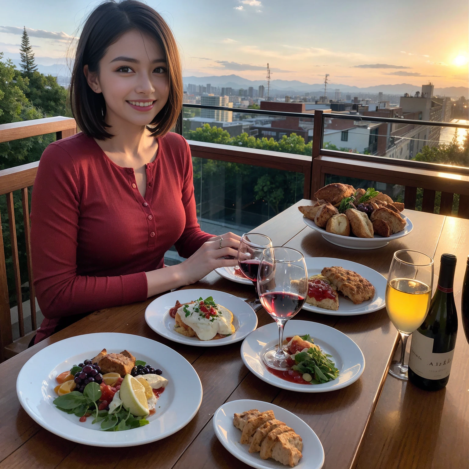 ((Highest quality、8K、masterpiece:1.3))、 (Ultra-realistic、 Genuine、Bright image、Intricate details:1.2), 最高のsmile、Wine Party、1 male 1 female、Beautiful couple、love love love、lover、model、actress couple、smile、Full-course dinner at a packed table、 (Slim face), (the body is slim), (Brown Hair), (short hair), テーブルのwine glass、Please shine a light on my face、 Amazing view of the sunset sky and clouds、9 years old, red wine 、Appetizers、Wine bottle、sparkling wine、Long sleeve shirt、dress、White wine, red wine, wine glass,
