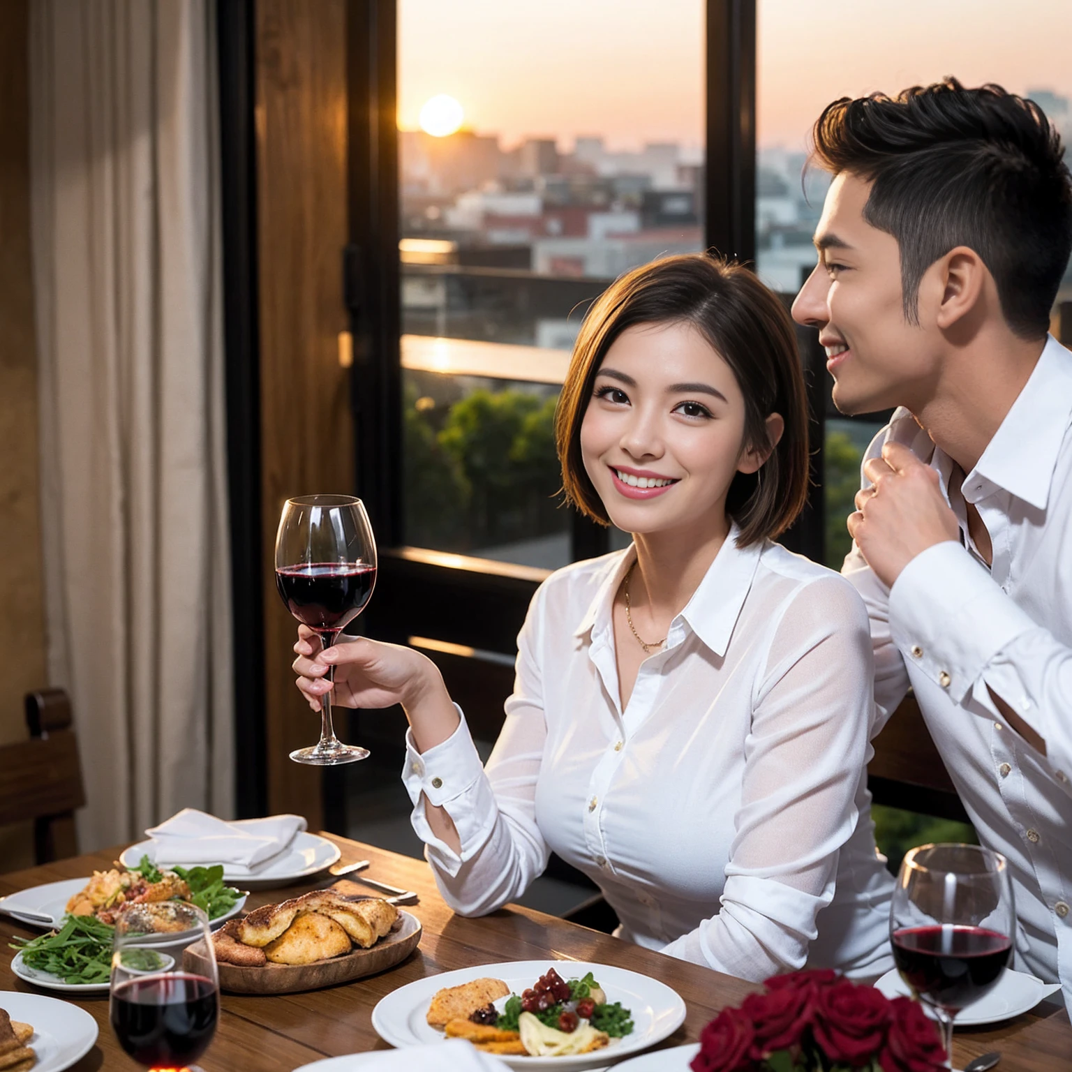 ((Highest quality、8K、masterpiece:1.3))、 (Ultra-realistic、 Genuine、Bright image、Intricate details:1.2), 最高のsmile、Wine Party、1 male 1 female、Beautiful couple、love love love、lover、model、actress couple、smile、Full-course dinner at a packed table、 (Slim face), (the body is slim), (Brown Hair), (short hair), テーブルのwine glass、Please shine a light on my face、 Amazing view of the sunset sky and clouds、9 years old, red wine 、Appetizers、Wine bottle、sparkling wine、Long sleeve shirt、dress、White wine, red wine, wine glass, 