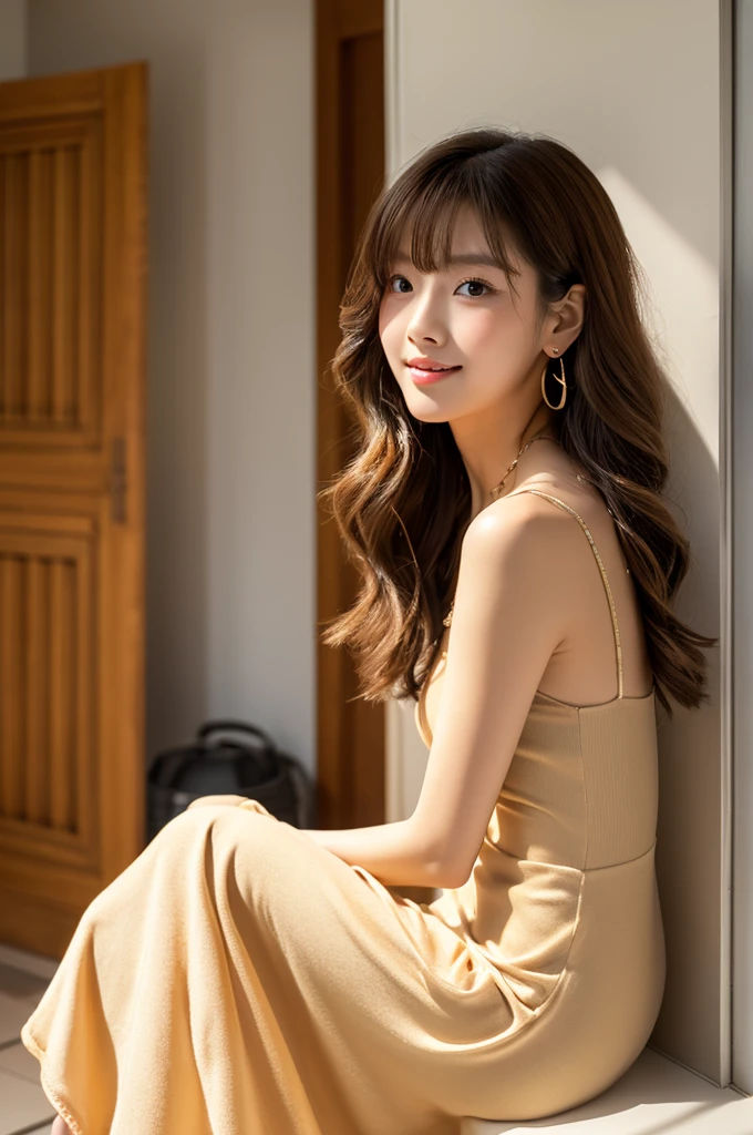 Apartment hallway,Hairdresser,((full body)),((photo)),((best qualtiy, 8K, tmasterpiece:1.3)), Focus:1.2, perfect figure beautiful girl:1.4,1girl,cowboy shot,look at viewer,incredibly absurd, beautiful and cute girl with a photorealistic face, showcasing top-quality craftsmanship, A Japanese woman standing in front of the door to her apartment, 23 years old, short hair, bangs straight above her eyebrows in a simple bang, soft waves, light brown hair, fair skin, clear skin, baby face, round double eyelids, light brown eyes, long upturned eyelashes, small straight nose, small mouth, plump lips, beautiful teeth, dimples, soft skin, , delicate, plump, A-cup small , beige loose silhouette dress, brown sandals, small gold earrings and necklace, cigarette, beautiful girl, pure, soothing, husky voice, calm, curious, laid-back, April