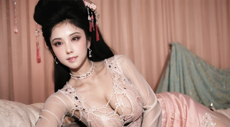 Fashion model 20 years old [[[[特写Cleavage]]]], [[[[breast]]]], ((()))（（（Cleavage）））[[[[Cole]]]], [[[[Shoulder]]]], Perfect eyes, Perfect Iris，Perfect lips，Perfect Teeth，Perfect skin，Fair skin，Soft headlight，Human Development Report，girl，Pink casual wear，Full figure，Long legs，Slim waist，Plump buttocks，Full body image，The background is the interior of a Chinese palace，(((Kneeling on the bed)))，Mountains and forests outside the window，Flowers，4K ultra HD, Ultra-high resolution, (Reality: 1.4), best quality，masterpiece,（Pastel colors：1.2)