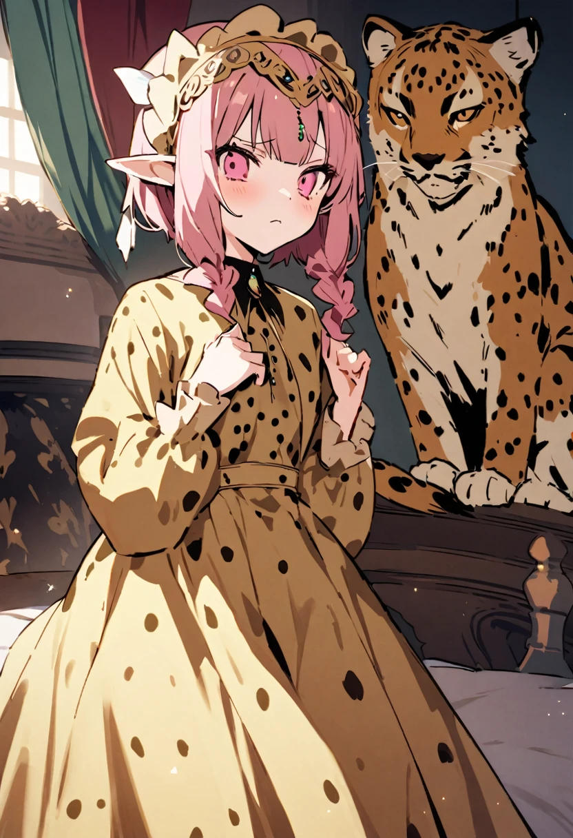 masterpiece, Highest quality, Illustration of the novel, High resolution, 18+ Adult content, Sensual, Intimate, Emotional, Passionate, romantic, sweet, Adorable, Innocent, Pure, charmな, charmな, charm, mysterious, charmな, charmな, Immersive, charmな, dream-like, Surreal, Imaginative, Whimsical, Artistic, Avant-garde, timeless, elegant, Sophisticated, chic, Sophisticated, Personality, original, charmな,((Loli Elf:1.3)),((A look of disgust:1.3))、Upper Body、(A Cheetah/A cheetah/Cheetah Dress:1.3)