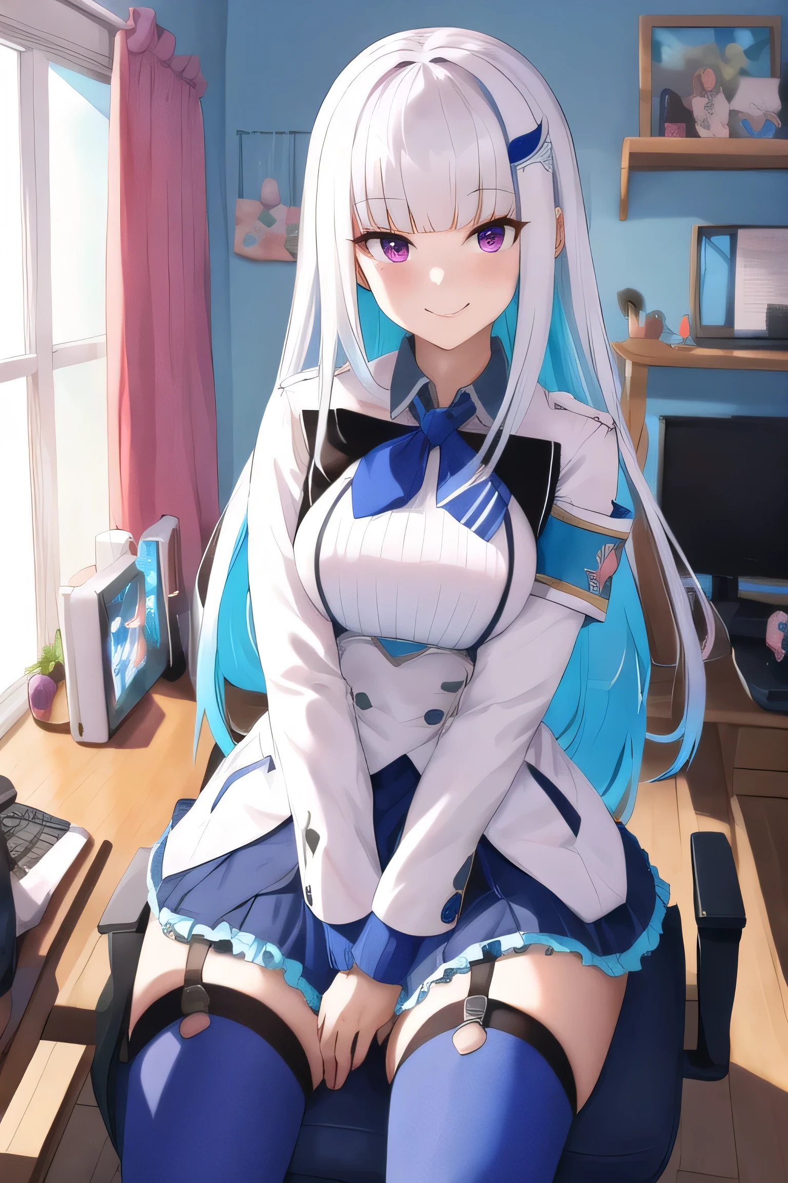 gameroomconcept,PC Desk,Sitting in a gaming chair,Preste,Holding a game controller,vtuber,Game Now Streaming,A lady-like broadcasting room,lady bed,masterpiece, Highest quality, High resolution, 1h1 ..., hair ornaments, Knee socks, Long Hair, Long sleeve, Pleated skirt, blue Knee socks, Armband, Frilled Skirt, White jacket, White shirt, Blue Skirt, Thigh straps, Cowboy Shot, smile, Girls Room