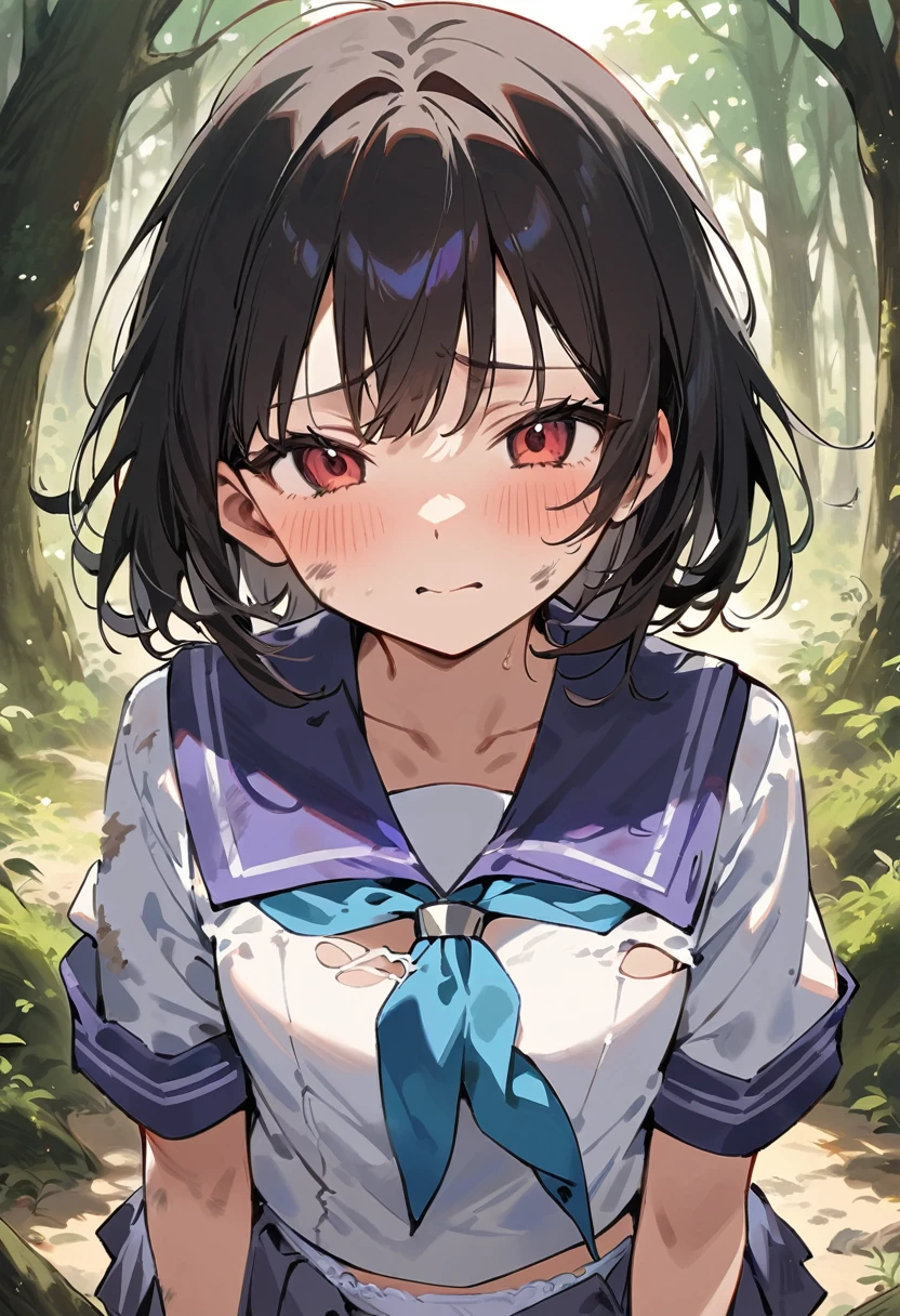 beautiful detailed girl,(masterpiece,best quality,extremely detailed:1.2),((cowboy shot:1.1)),(solo,,kawaii,slender,small breasts:1.25),(pained look:0.8),((white underwear) in ((Torn school uniform)):2),(dirty:2),blush,shy,weep,standing,(deep forest:1.5),(hug:0.4),rating: general, newest,Sexy face,(primitive:1.1)