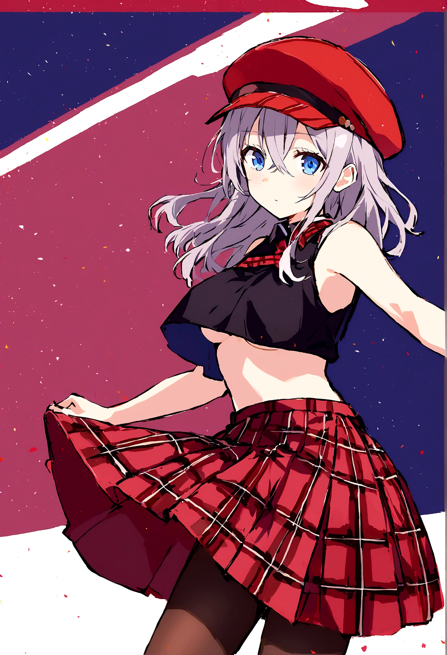  score_9, score_8_up, score_7_up, BREAK from front, medium shot,1girl, alisa ilinichina amiella, solo,grey hair,long hair,blue eyes,hair between eyes, pantyhose,, shoulders,black crop top,red headwear,red plaid skirt,

