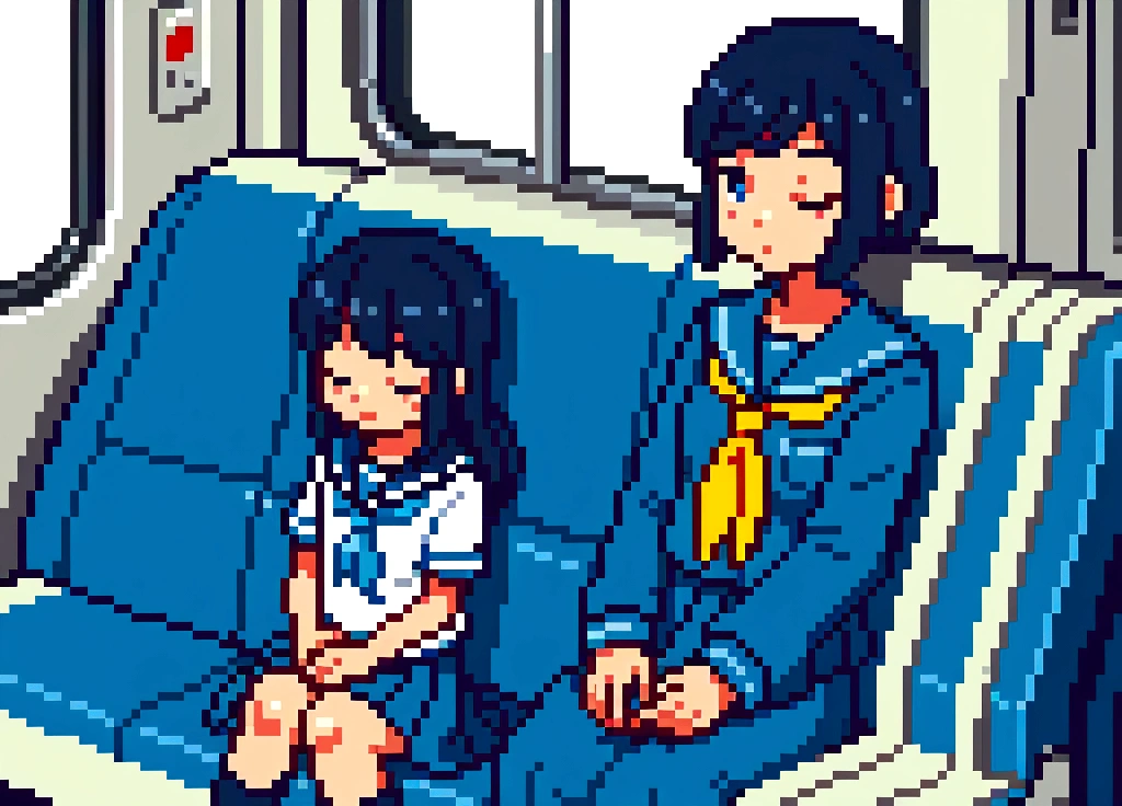 Create 3D Pixar-style cartoon scenes, ,Wearing a sailor uniform,The girl in front of me,Sitting and sleeping on a train,From a little distance.
