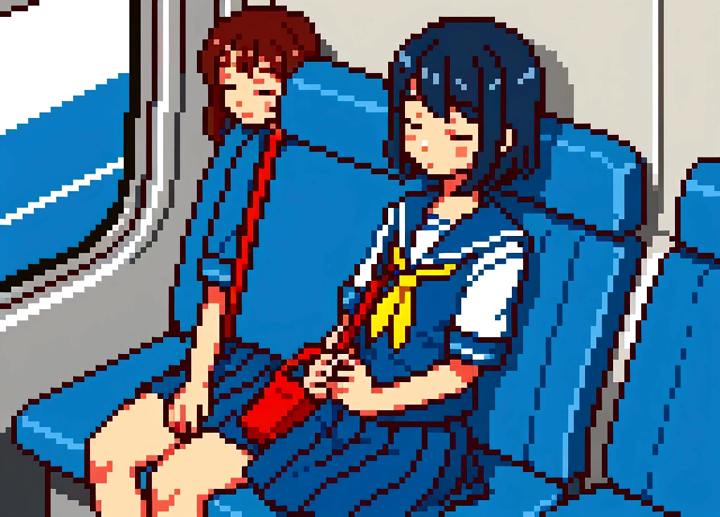 Create 3D Pixar-style cartoon scenes, ,Wearing a sailor uniform,The girl in front of me,Sitting and sleeping on a train,From a little distance.