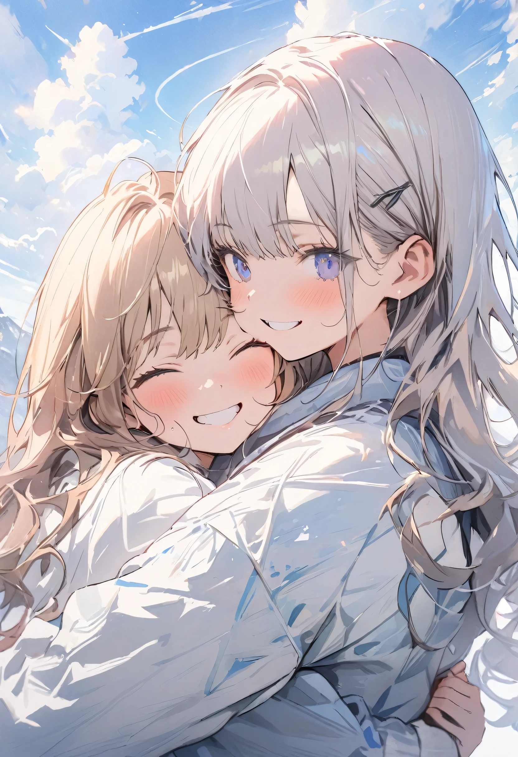(masterpiece, best quality, highly detailed, absurdres:1.3), (2girl, cute girl:1.3), smile, frends, (hug, cheek to cheek:1.3), (fantastic illustration, beautiful detail, best quality, top quality, fain touch outline:1.3), watercolor, clear, tangle, background blue sky, beautiful scenery