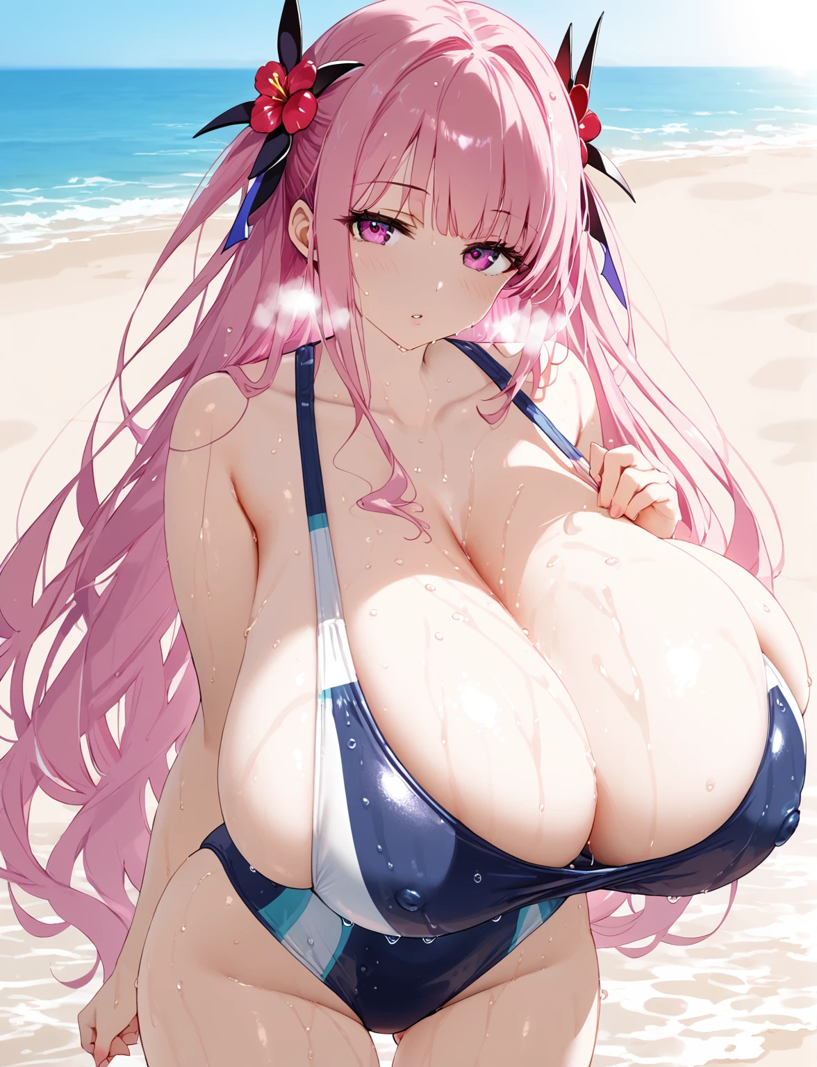 (nsfw,)(gotoh hitori,pink hair,hair ornament,long hair),((solo girl)),((Perfect body,))((Super beautiful,))((High quality,))((Heavy breathing,sweat, Sweaty and wet all over,)),backlit,shiny glossy,gigantic breast, Looking at Viewer,((Beach side,sexual swimsuit, cowboy shot,)),shyly,nipple,After sunburn,