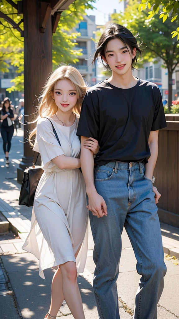 Please create an image of a stunning beauty who is half French and half Japanese. She has an exceptionally beautiful face, with striking blue eyes and long, straight blonde hair. She wears a cute dress and has a joyful smile, with the corners of her mouth turned up. The second person is a man with black hair and long bangs. He wears a T-shirt and denim. His expression is slightly bashful. The composition should depict both of them in full-body view, walking side by side. They appear to be having a conversation while walking together. Their eyes meet, and they share a happy laugh. The background is a university campus