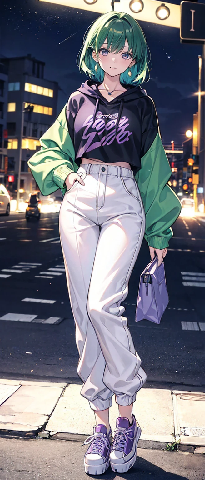 High resolution, high resolution,2D Anime Style,,Cool woman,Mature look,,20th Generation,Medium Hair,Green Hair,Purple Eyes,Beautiful watch,Beautiful earrings,Beautiful necklace,Street fashion,Oversized hoodie,Long wide pants,Platform sneakers,He is smiling a little,night,I'm playing the guitar,