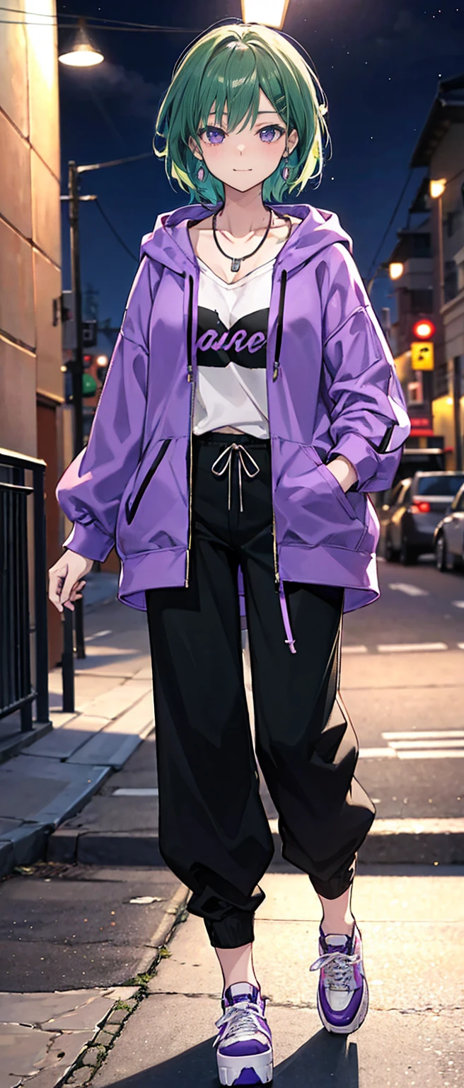High resolution, high resolution,2D Anime Style,,Cool woman,Mature look,,20th Generation,Medium Hair,Green Hair,Purple Eyes,Beautiful watch,Beautiful earrings,Beautiful necklace,Street fashion,Oversized hoodie,Long wide pants,Platform sneakers,He is smiling a little,night,I'm playing the guitar,