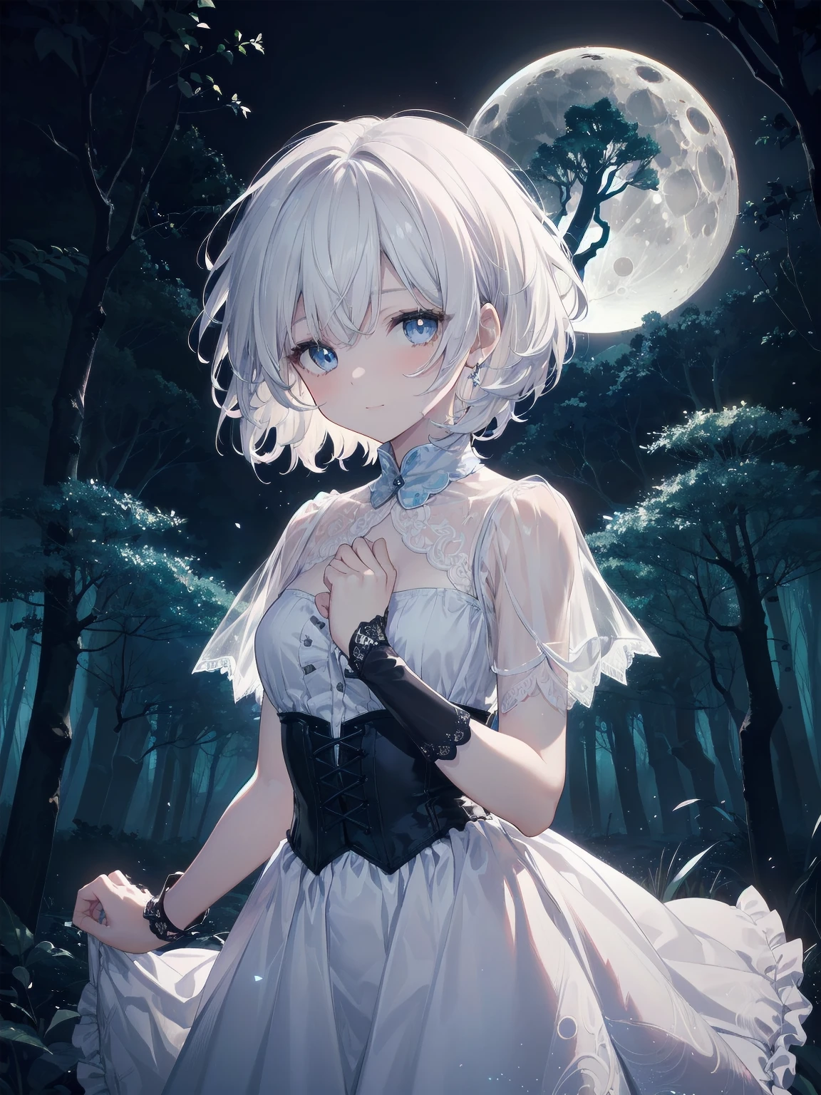 masterpiece、Highest quality、Beautiful expression、Absurd、Extraordinary World、Beauty、solo、Idol、(Cowboy Shot、Light blue ruffle lace long dress、white collar、White Ruffled Cuff、particle:1.5)、(bloom、Shine:1.4)、(Laughter)、(Short white hair、blue eyes:1.7)、Sharp focus、Photorealistic、High resolution、Most detailed、Very detailed、Detailed face and eyes、Sharp pupils、Realistic student、Sharp focus、 Shiny skin、Black Corset、Black pantyhose、(Dark Forest、moon、Dark Background:1.5)、Rim Light、dynamic, Cinema Lighting