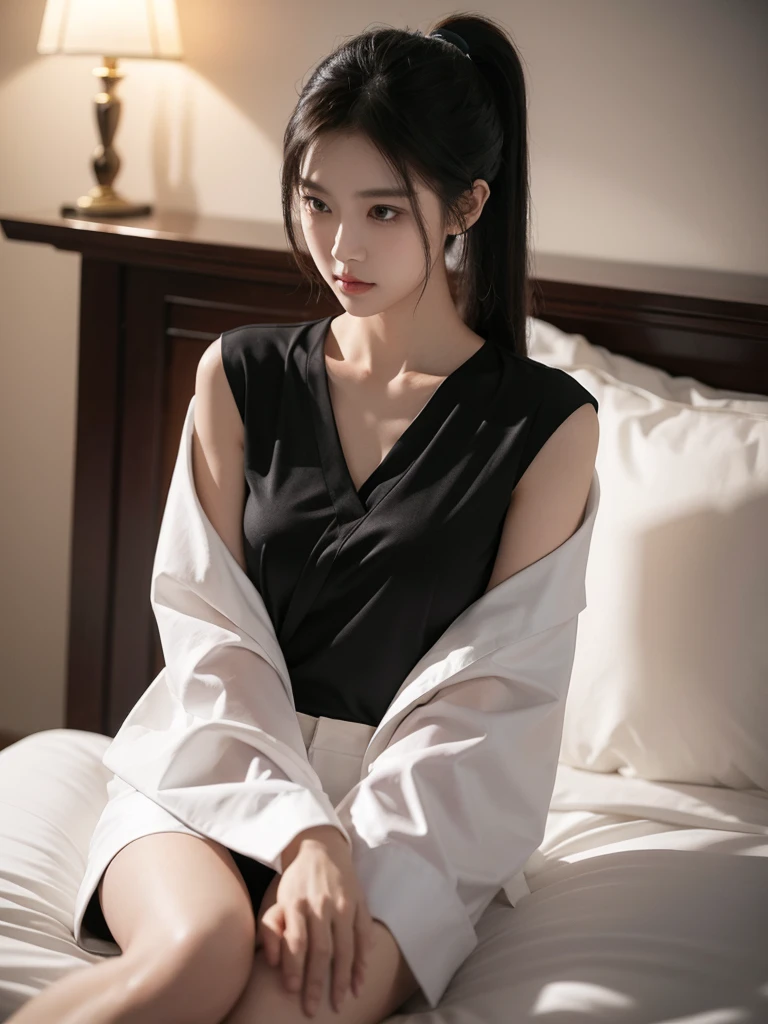 korean model , slim body , 167cm ,Movie Angle,long black ponytails hairstyle, (Cute girl,anatomy correct,loose blouse,( art,geomerty),(plethora of colorest quality,high detal,tmasterpiece,Cinematic lighting effects,4K,Chiaroscuro), sitting on bed