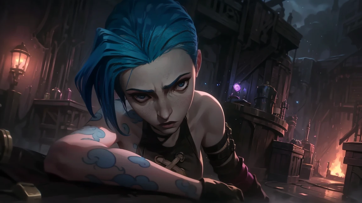 very sexy,  crazy look, длинные синие hair заплетены в косы, full length (full body 1.1.), tight leather pants, Jinx's character design, stands on the edge of the roof, fantasy city, night, explosions, fire, Sparks, Purple Flashes, beautiful figure, Arcane Curse, Bright blue and purple Sparks all around, burning eyes, Pink Shiny eyes, длинные hair, hair, braided in long braids, Pigtails hang below the knee, Hair color changes from bright blue to navy blue., leather boots on the feet, Top with four gold circles on the chest in the middle of the chest., Blue cloud tattoo on shoulders and waist., long bangs, hanging on the right side, чрезвычайно подробные обои CG Unity 8k, detailed light, Cinematic lighting, Chromatic aberration, sparkling, inexpressive, epic composition, dark in the background, Chereter Design, very detailed, detailed body, Vibrating, detailed face, sharp focus, anime art, Vibrating, detailed face, Hugh Details, sharp focus, Detailed eye, Super lovely illustration, best shadow, finely detail, beautiful detailed glow, beautiful detailed, extremely detailed, inexpressive, epic composition,