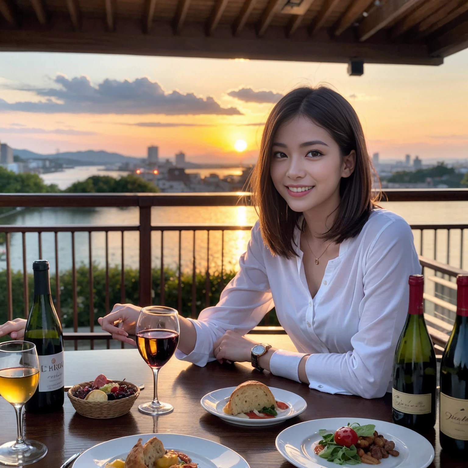 ((Highest quality、8K、masterpiece:1.3))、 (Ultra-realistic、 Genuine、Bright image、Intricate details:1.2), 最高のsmile、1 male、1 female、Beautiful couple、love love love、A lover who resembles Alice Hirose、Good friends、actress couple、smile、Full-course dinner at a packed table、 (Slim face), (the body is slim), (Brown Hair), (short hair), テーブルのwine glass、Please shine a light on my face、 Amazing view of the sunset sky and clouds、9 years old, red wine 、Appetizers、Wine bottle、sparkling wine、Long sleeve shirt、dress、White wine, red wine, wine glass,