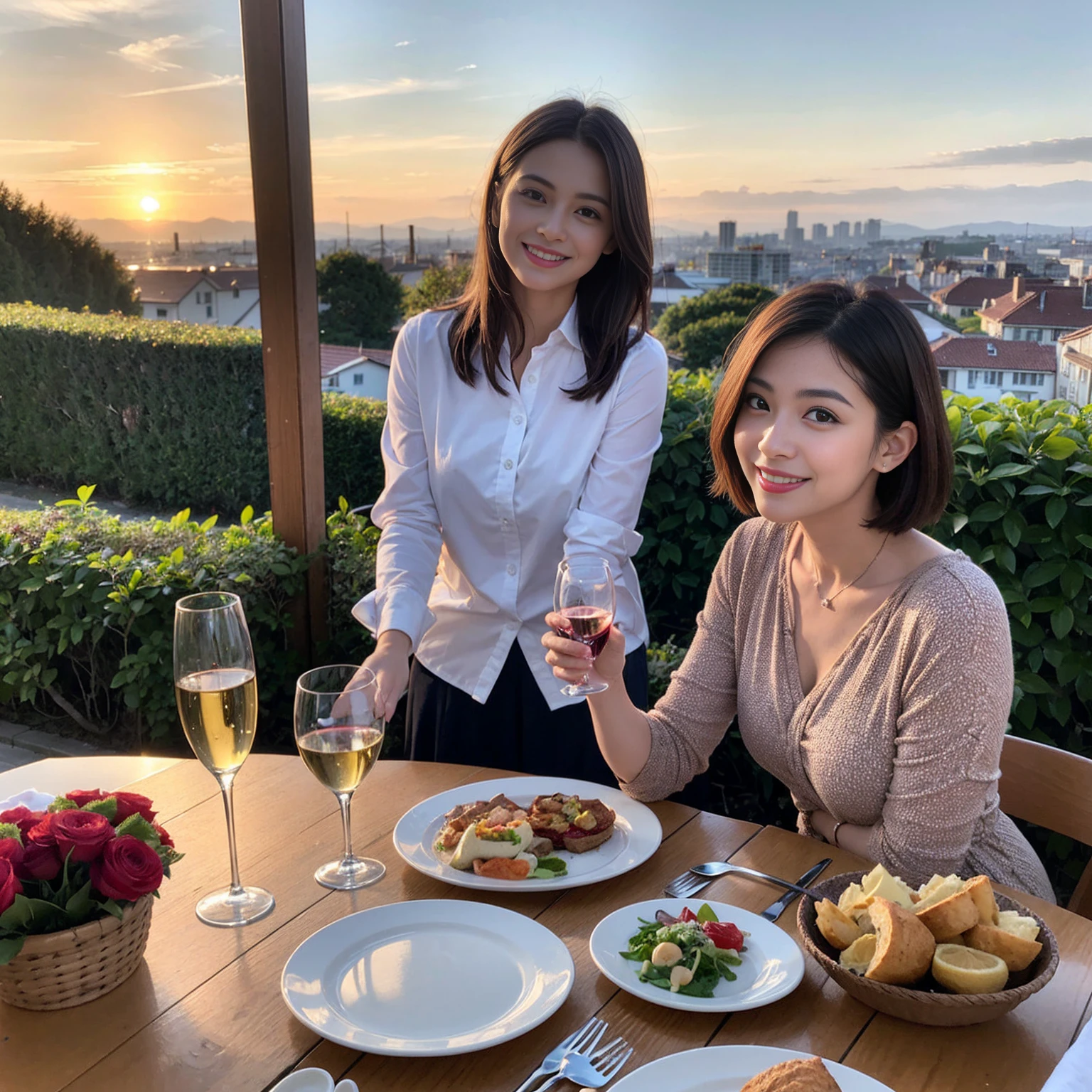 ((Highest quality、8K、masterpiece:1.3))、 (Ultra-realistic、 Genuine、Bright image、Intricate details:1.2), 最高のsmile、1 male、1 female、Beautiful couple、love love love、A lover who resembles Alice Hirose、Good friends、actress couple、smile、Full-course dinner at a packed table、 (Slim face), (the body is slim), (Brown Hair), (short hair), テーブルのwine glass、Please shine a light on my face、 Amazing view of the sunset sky and clouds、9 years old, red wine 、Appetizers、Wine bottle、sparkling wine、Long sleeve shirt、dress、White wine, red wine, wine glass,