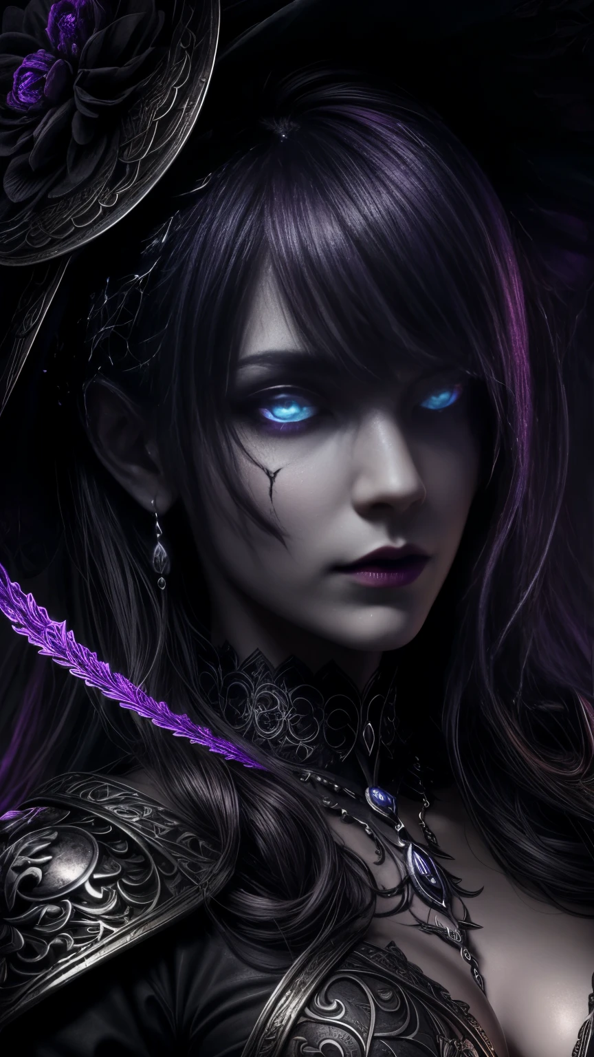 Highly detailed 8K wallpapers, Medium shot photo of a necromancer with shadows, Complex, High Detail, dramatic, Gothic, skull, Bright Eyes, Deep lilac, Holding a skull head with bright eyes Deep lilac, Pret vegetal.