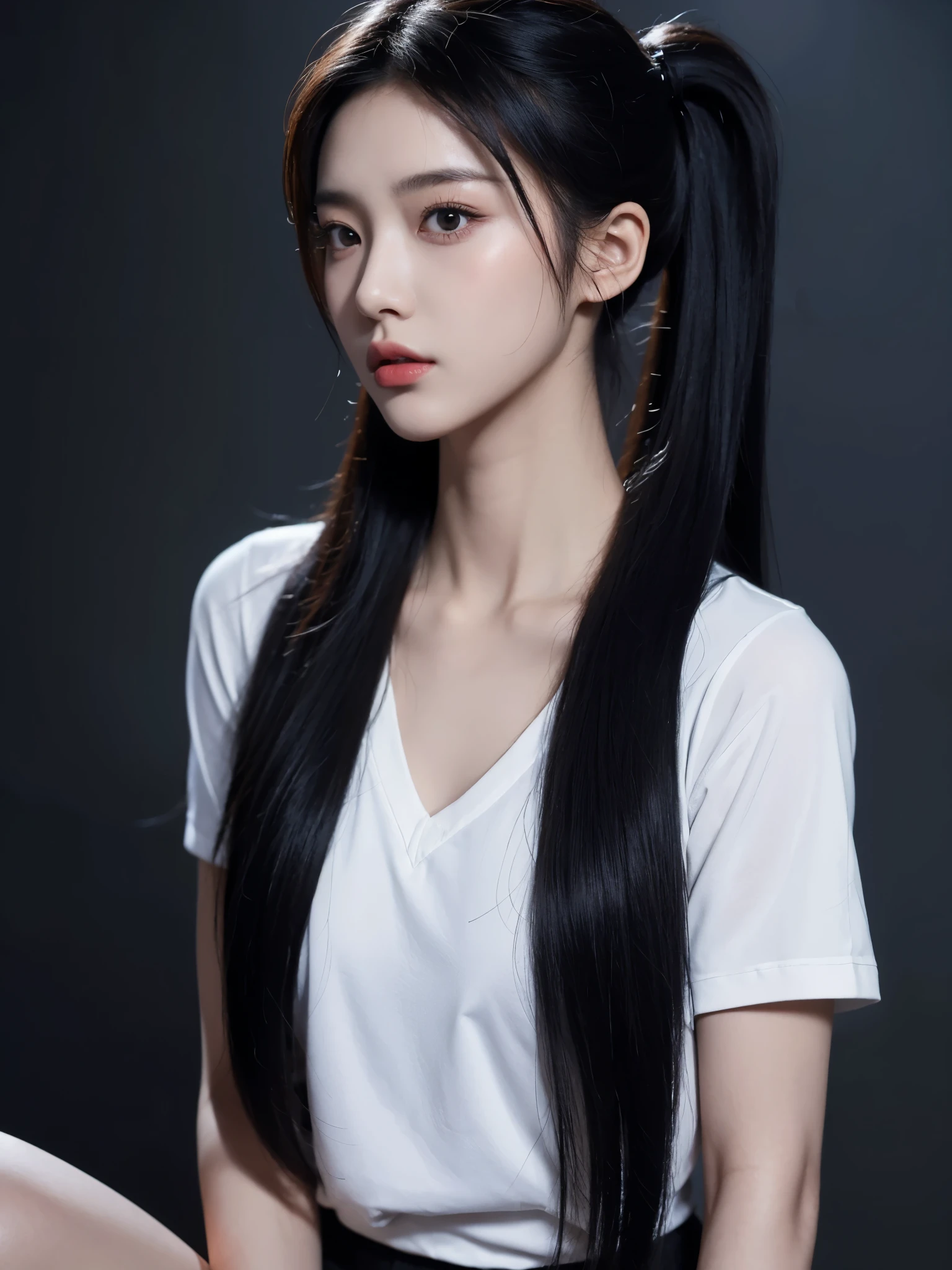 korean model , slim body , 167cm ,Movie Angle,long black ponytails hairstyle, (Cute girl,anatomy correct,loose shirt,( art,geomerty),(plethora of colorest quality,high detal,tmasterpiece,Cinematic lighting effects,4K,Chiaroscuro)