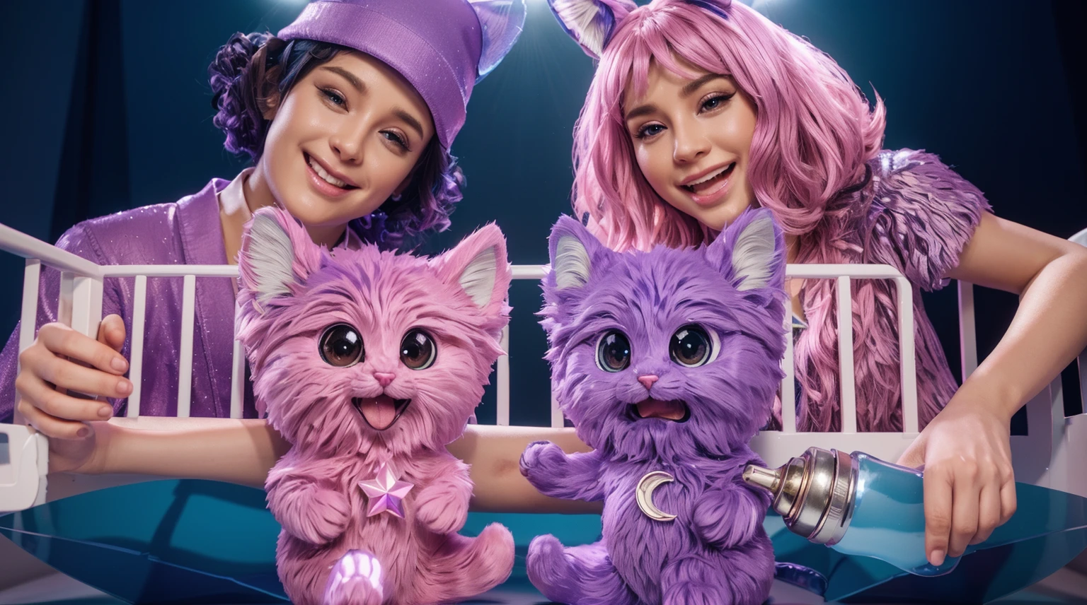 on the sides there is a man in purple, he has a purple hat with cat ears, on the right side there is a girl with pink hair, she is holding a baby bun with milk, her hand reaches into the cot, which is right in front of us, in the cot there are two very fluffy and cute kittens, on the left - a pink kitten, on the right - a purple kitten, on the side of the kitties are soft cushions in blue, smooth 3d model, glossy plastic texture, multiple light sources, rim light, sharp post effects render, most beautiful vfx, , realistic, 4k, high resolution, rim light, smooth 3d model. , glossy texture, smooth 3d model, multiple light sources, rim light, sharp post effects render, (glossy plastic texture with multiple big light probe refractions), perfect cgi, reflective, best quality, 4k, masterpiece:1.2, ultra-detailed, realistic, vivid colors, The image of the highest quality, ensuring every detail showcased perfectly. It in 4k resolution, allowing viewers to immerse themselves in the richness of the colors and intricate details. The realistic rendering. under the spotlight, reflecting, high-resolution image, realistic rendering