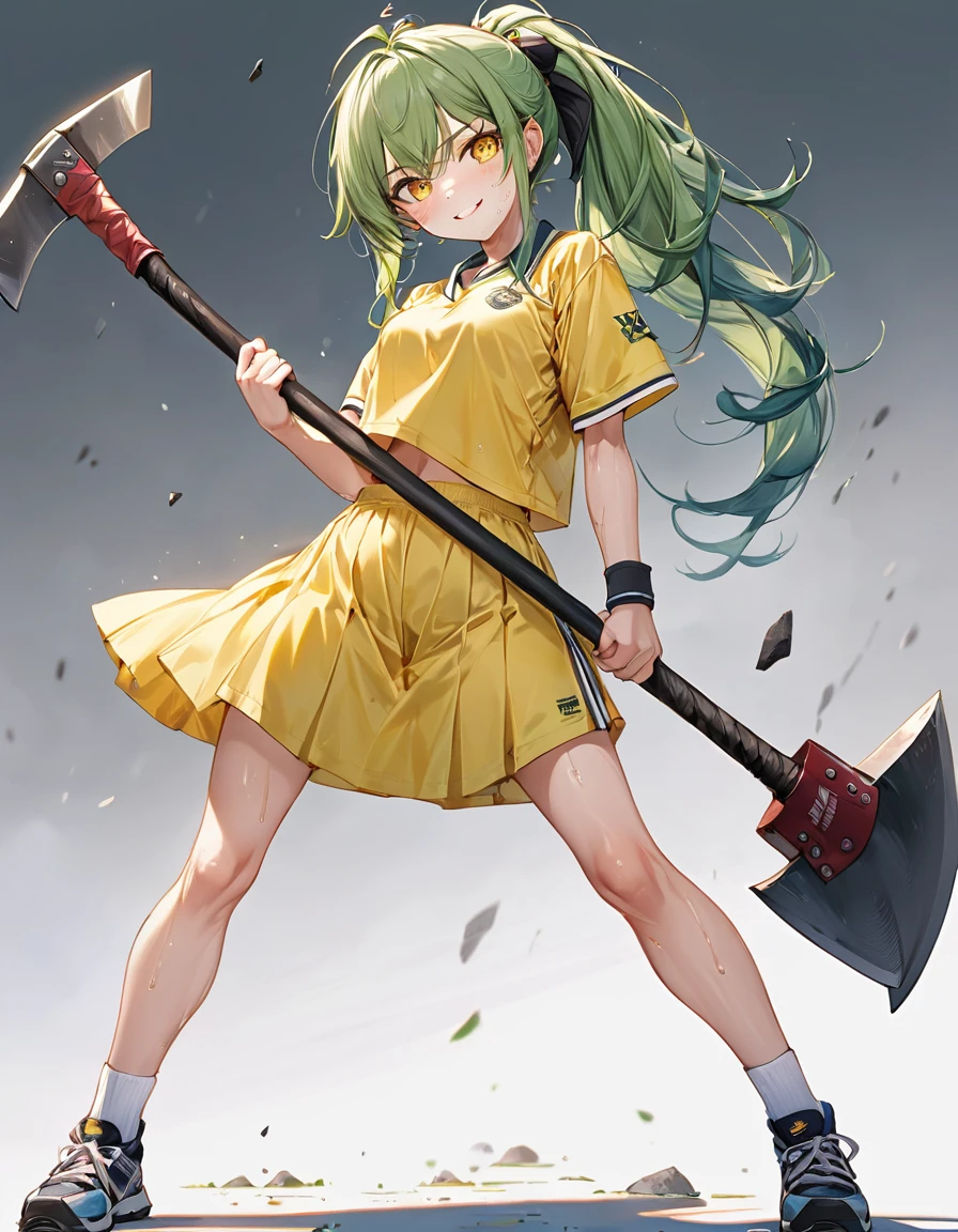 (axe Training style) (both hands holding a detailed biggest axe), (full body standing fight pose) (15 yo, solo ponytail green hair long hair cute axe fighter girl, serious yellow eyes, sweaty;1.2 skin, soft smile), (in a summer training uniform), break, (in the battle training field), BREAK, perfect , masterpiece, best quality, 16k, beautiful detailed grow, daydreaming expression.