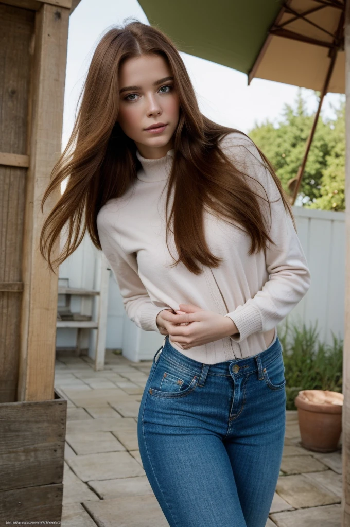 Editorial Photography 90's style, a gorgeous serbian girl with long ginger hair. Burgundy leather jacket, sweater, skinny denim pants and riding boots, she carries a leather backpack with her. 
The air is clear, calm and quiet ambient, detailed soft pale skin. 35 mm. (nikon d850)​, realistic skin texture, atractive features, dream beauty, ethereal beauty from Serbia, she has an angelical face and she's delicacy and sweetness in person.      