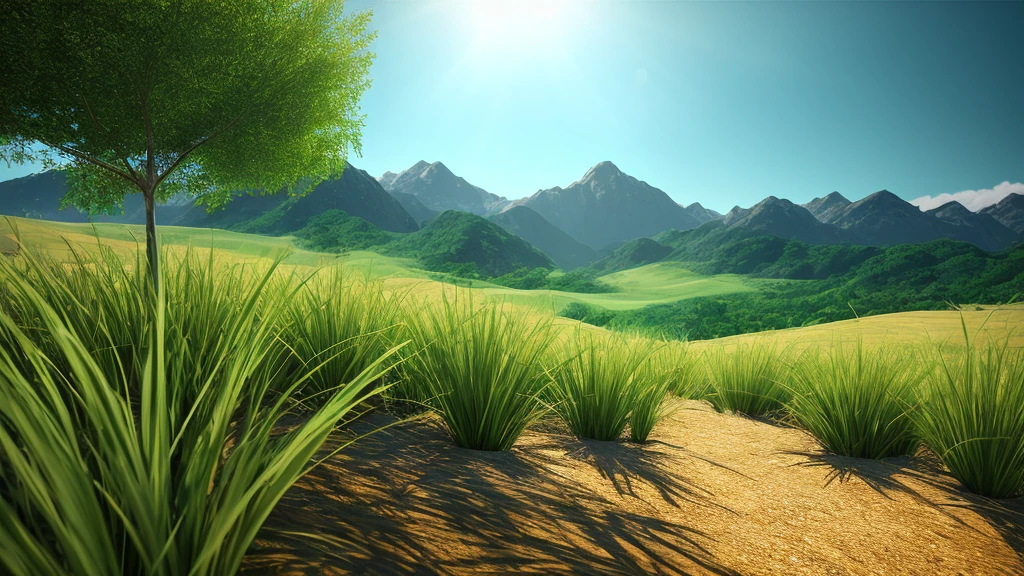 citronella grass with oil distilation plants on the back, Very pleasant, Aesthetic, calm, scenic. Photorealistic, 8K UHD, Studio quality, Ultra photo realsisim, max detail, massive scale, Post-processing, Realistic, Photorealism, Photoshop, Photography, Detailed, Cinematic lighting, landscape, panoramic, landscape, Ray traching, cinema4d