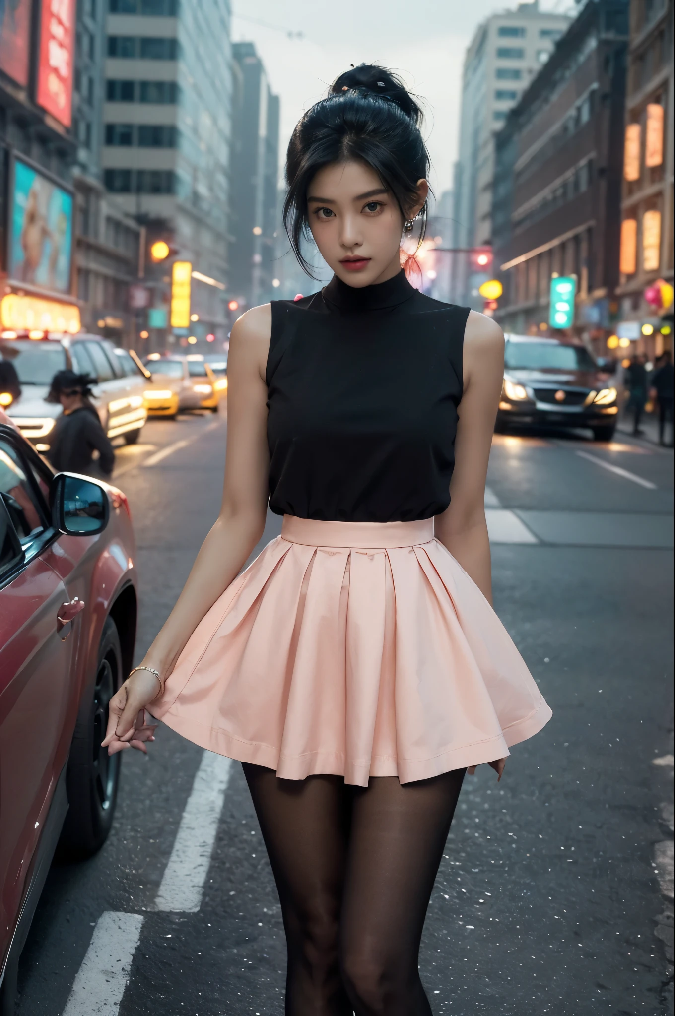 (((best quality))),(((ultra detailed))),(((masterpiece))),illustration,1girl,slim,vibrant rose-pink cotton dress,short ponytail,flat chest,pantyhose,standing, bustling city streets, honking cars,surrounded by crowded crowds, colorful advertisements,enjoying sights and sounds,(dark black skin:1.5),(day scene:1.3),upper body,arms behind back