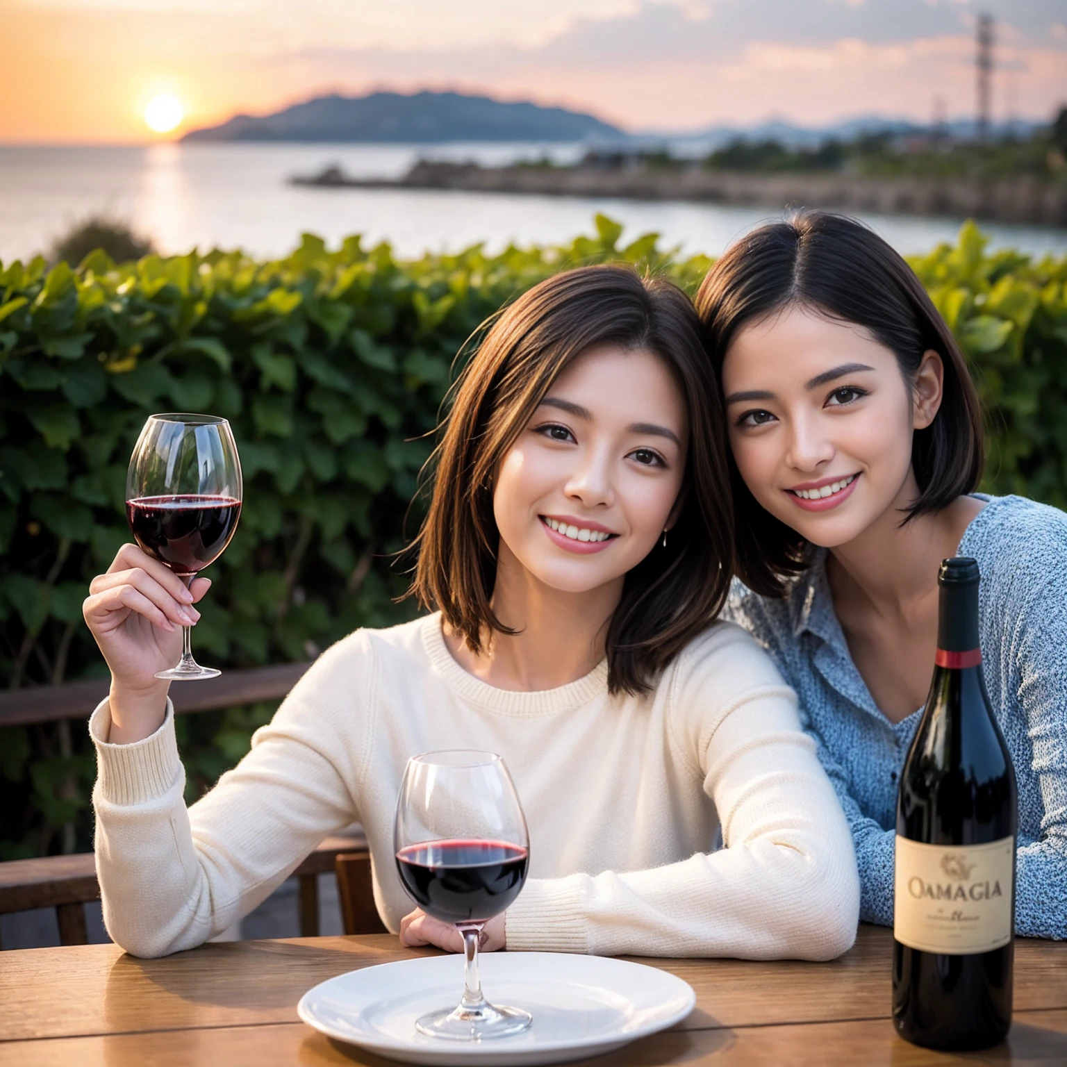 ((Highest quality、8K、masterpiece:1.3))、 (Ultra-realistic、 Genuine、Bright image、Intricate details:1.2), 最高のsmile、1 male、1 female、Beautiful couple、love love love、Lover in Hokkaido、Good friends、actress couple、smile、Full-course dinner at a packed table、 (Slim face), (the body is slim), (Brown Hair), (short hair), テーブルのwine glass、Please shine a light on my face、 Amazing view of the sunset sky and clouds、 39 years old, red wine 、Wine bottle、sparkling wine、Long sleeve shirt、dress、White wine, red wine, wine glass,