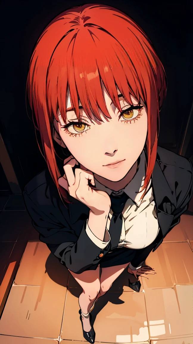The character Makima from the anime series Chainsaw Man, fragile, full length (Full body 1.1.), dark background, darkness, Correct anatomy 1.1, correct hand anatomyVery sexy, erotica, very feminine, beautiful figure, legs, buttocks, Beautiful body, red hair, orange eyes, Red circles for schoolchildren, summer dress, sexy pose, realistic, very detailed, Beautiful body, detailed body, detailed hands, detailed, Vibrating, detailed Face, Makima character design. very detailed, detailed body, detailed hands, detailed Face, anime art, Hugh Details, Very downcast face, detailed eyes, Super thin illustration, best shadow, Fine detail, beautiful detailed glow, beautiful detailed, Extraordinarily beautiful, extremely detailed, inexpressive, epic composition, Anime style. anime art anime art, Anime style,