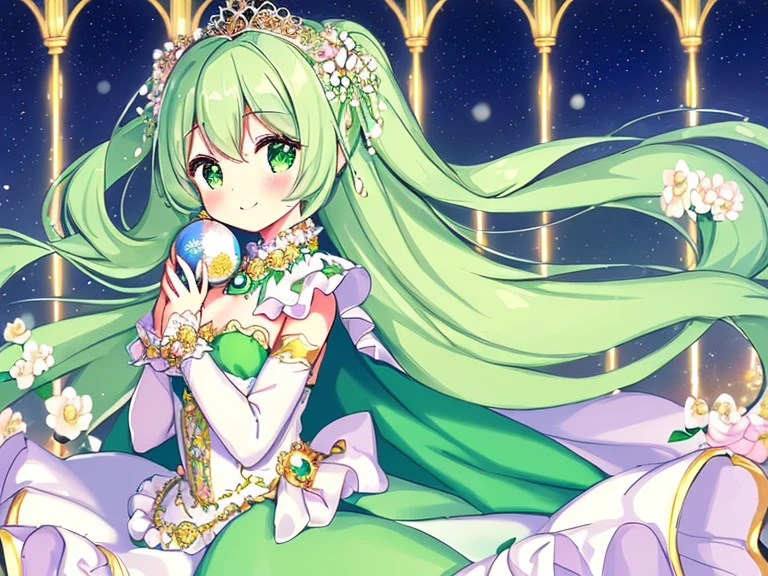 (looking at viewer),(kawaii),(best quality),(ultra detailed), upper body,(rococo style),(long train pastel green cape:1.15), very long cape,(long train white ball gown with flower decorations:1.1), a girl is wearing a cape over her gown, 1  princess, tiara, smile, small breasts, very long hair, night